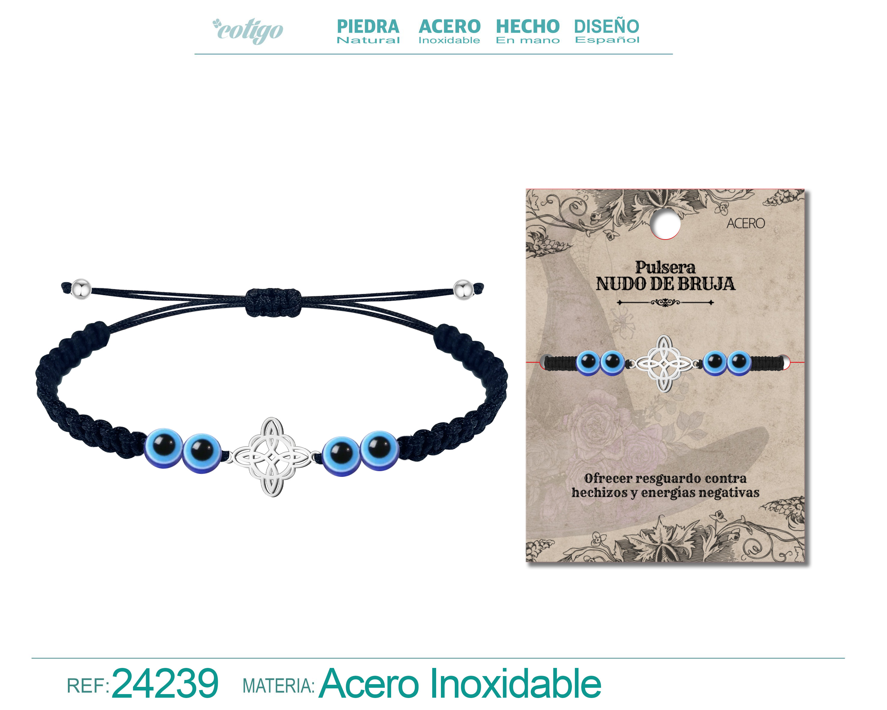 PULSERA HILO DESTINO CON OJO DE TUCO YNUDO DE BRUJA ACERO PLATEADO