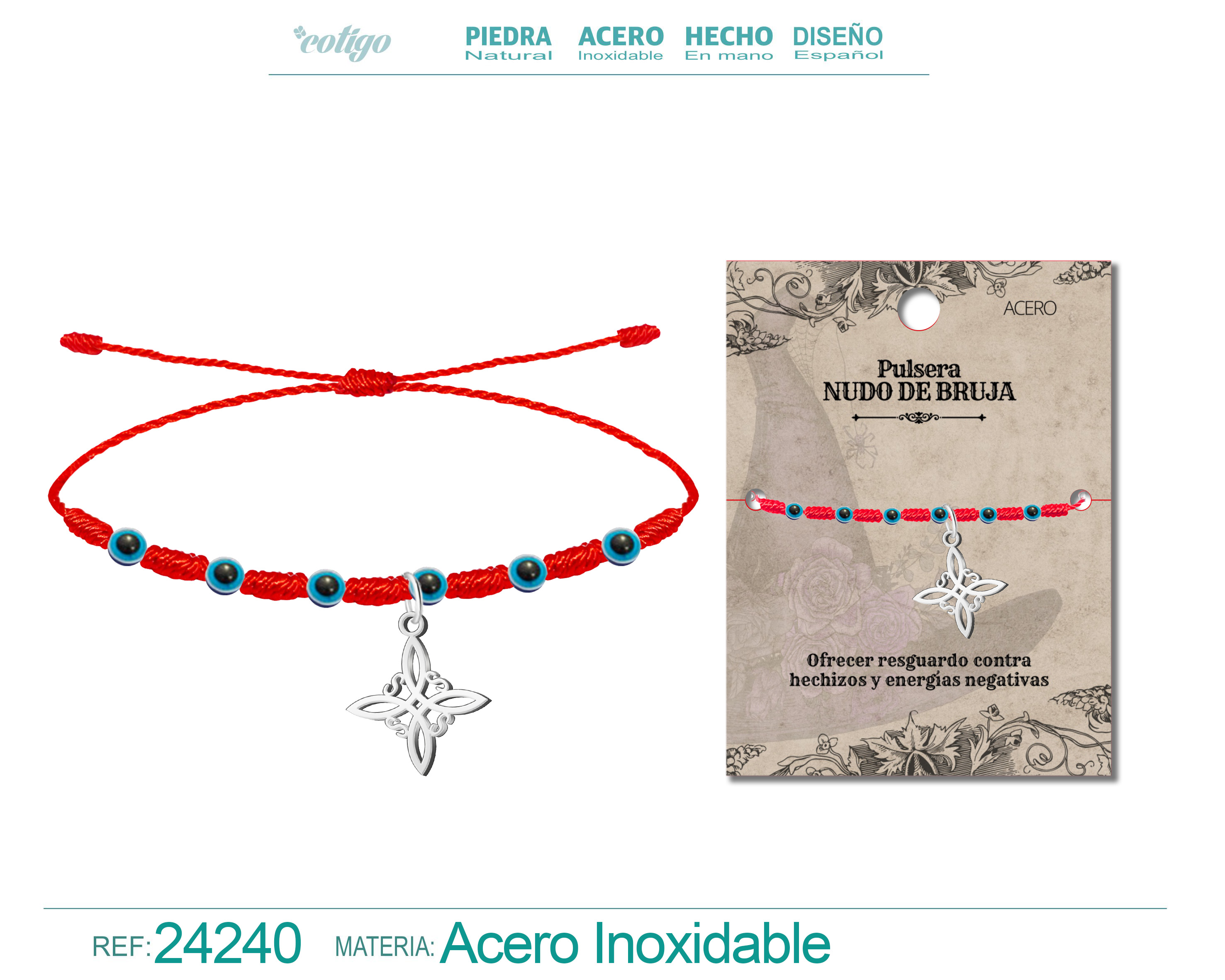 PULSERA 7 NUDOS CON OJO DE TURCO Y NUDO DE BRUJA ACERO PLATEADO