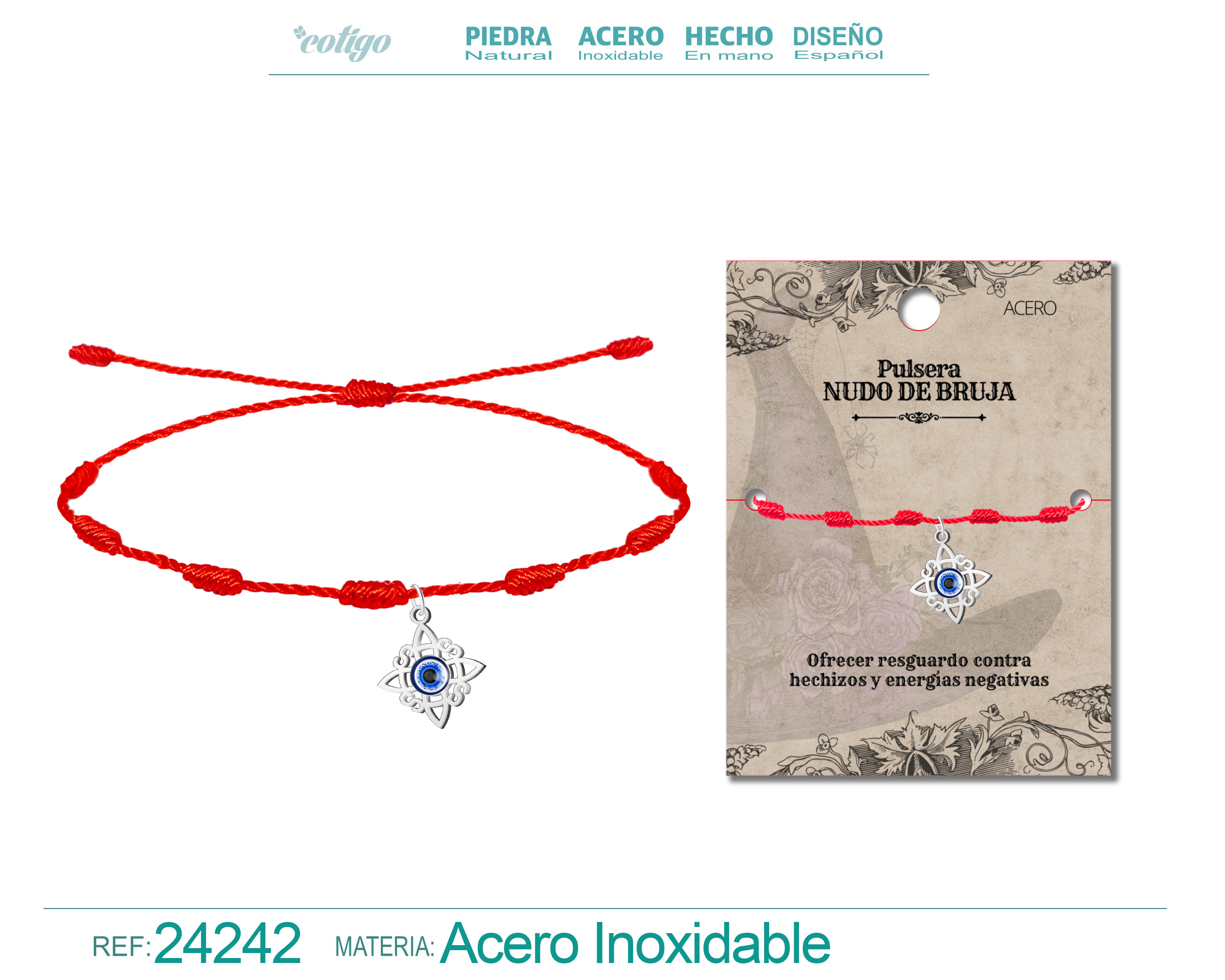 PULSERA 7 NUDOS CON NUDO DE BRUJA ACERO PLATEADO