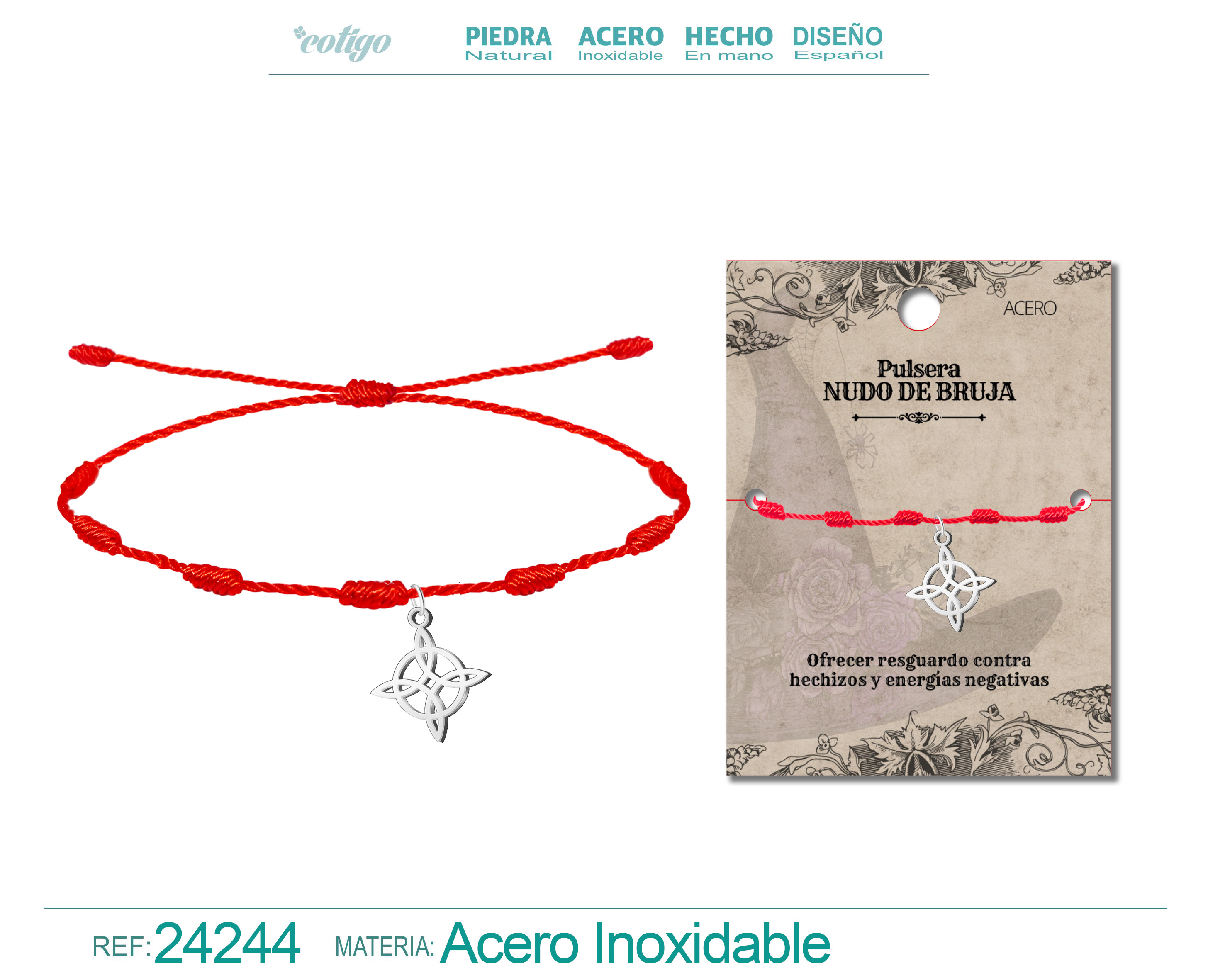 PULSERA 7 NUDOS CON NUDO DE BRUJA ACERO PLATEADO