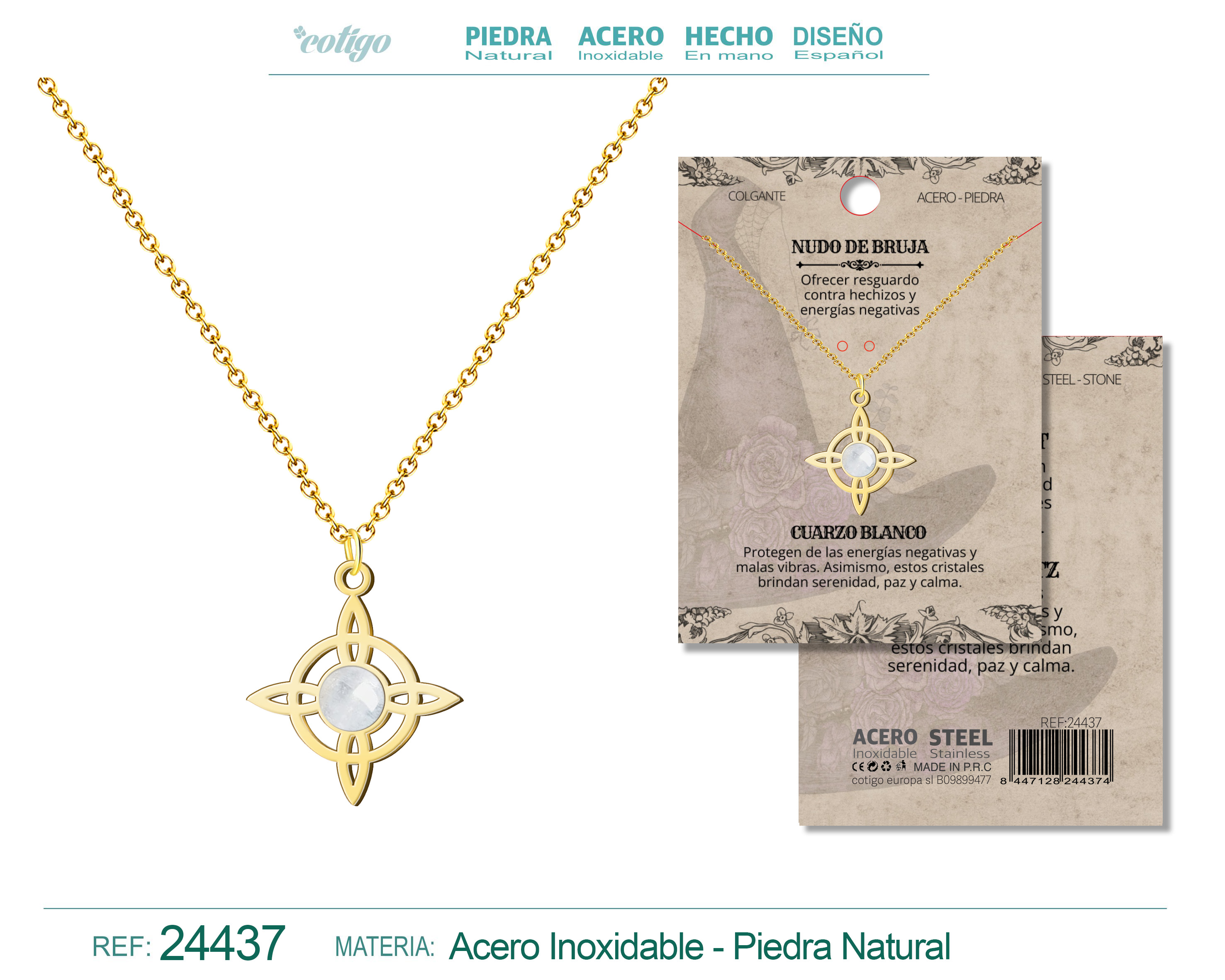 Colgante Nudo de Bruja Acero Dorado con Cuarzo Blanco