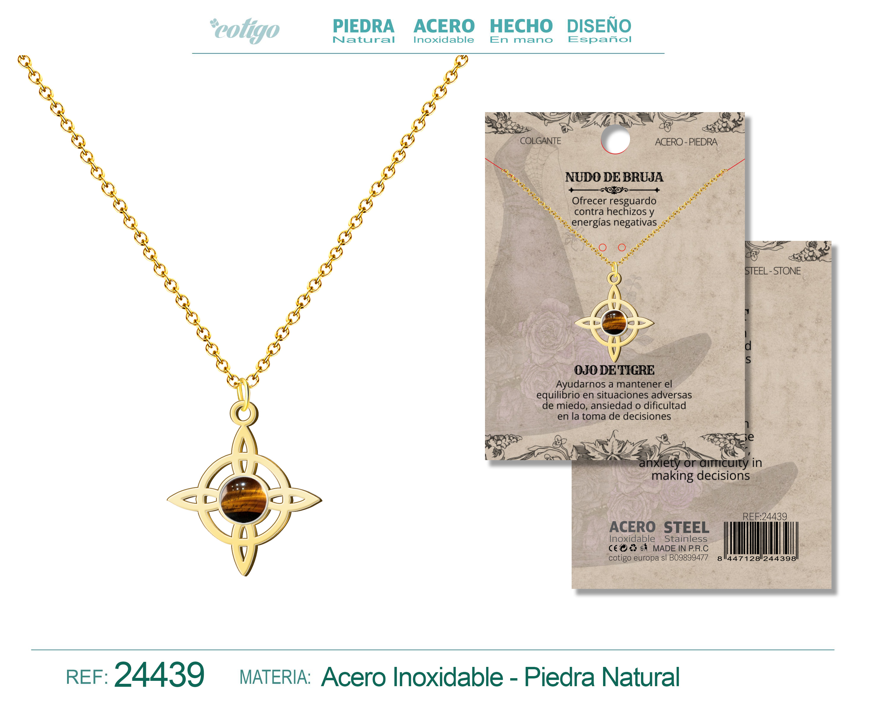 Colgante Nudo de Bruja Acero Dorado con Ojo de Tigre