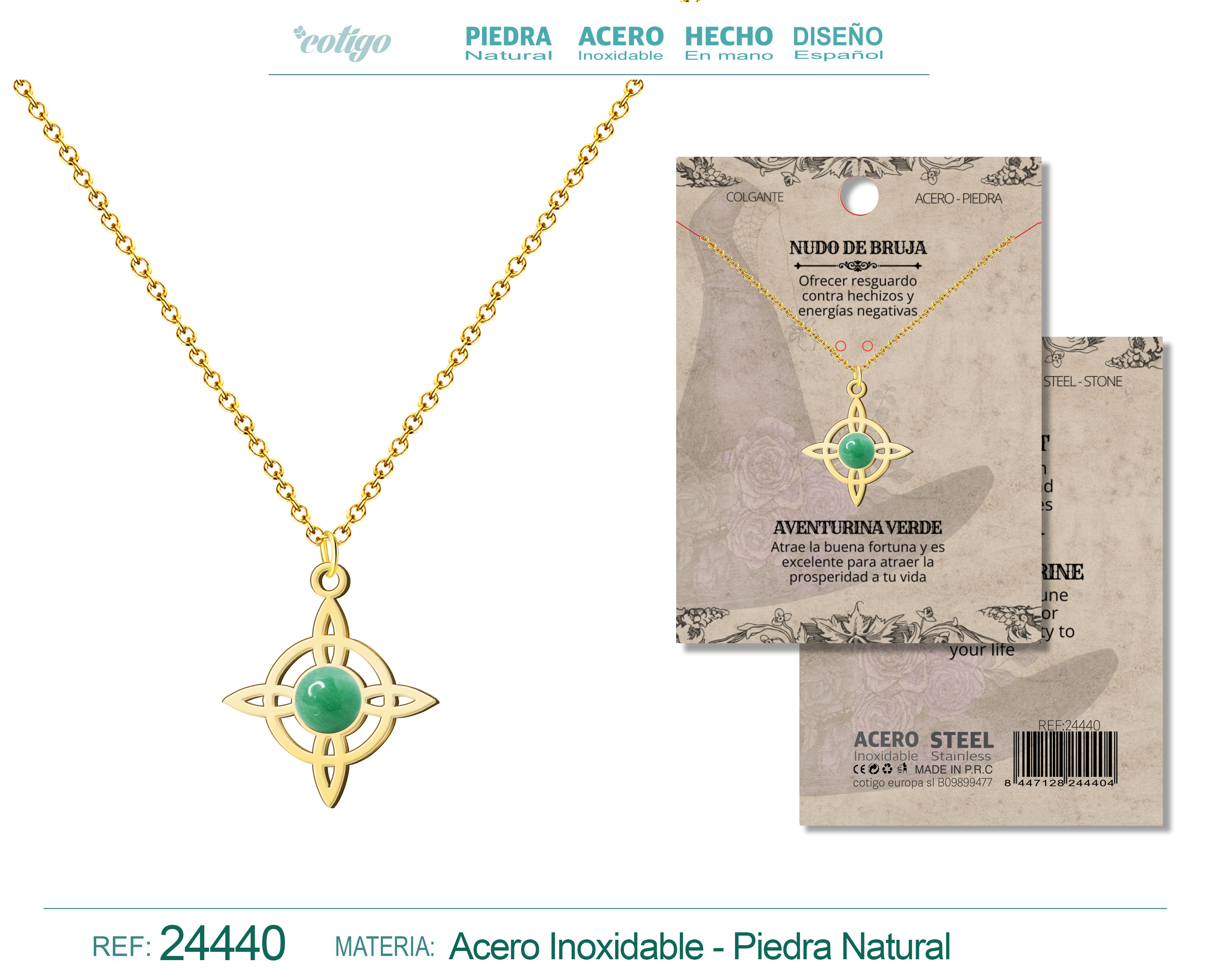 Colgante Nudo de Bruja Acero Dorado con Aventurina Verde