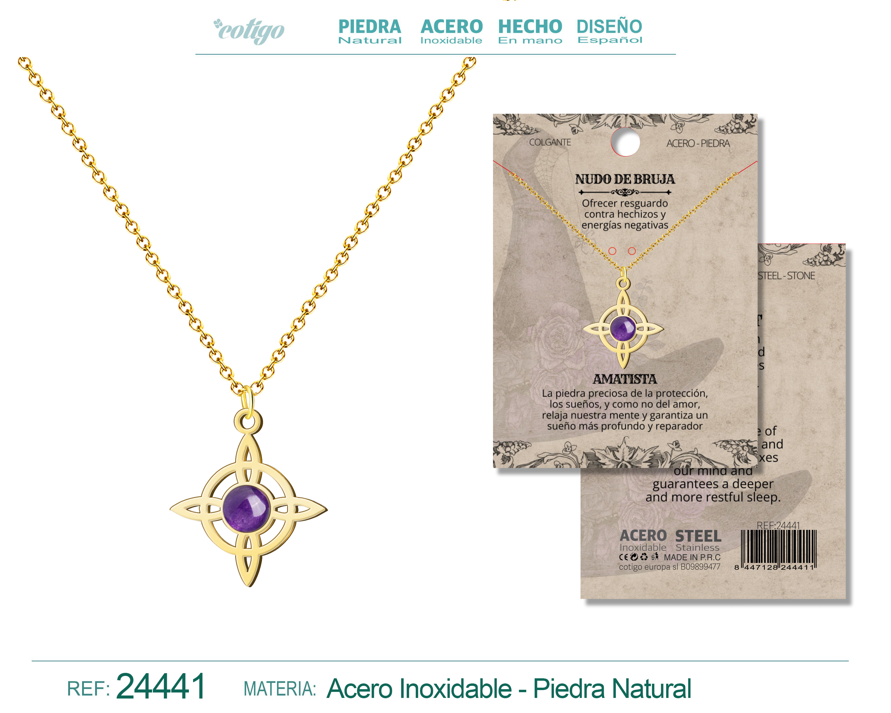 Colgante Nudo de Bruja Acero Dorado con Amatista