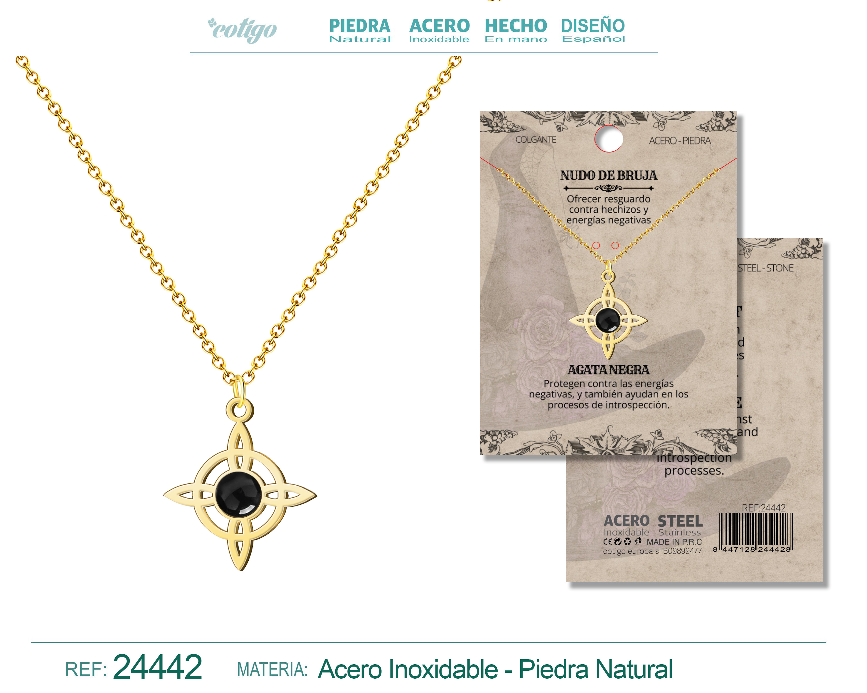 Colgante Nudo de Bruja Acero Dorado con Agata Negra