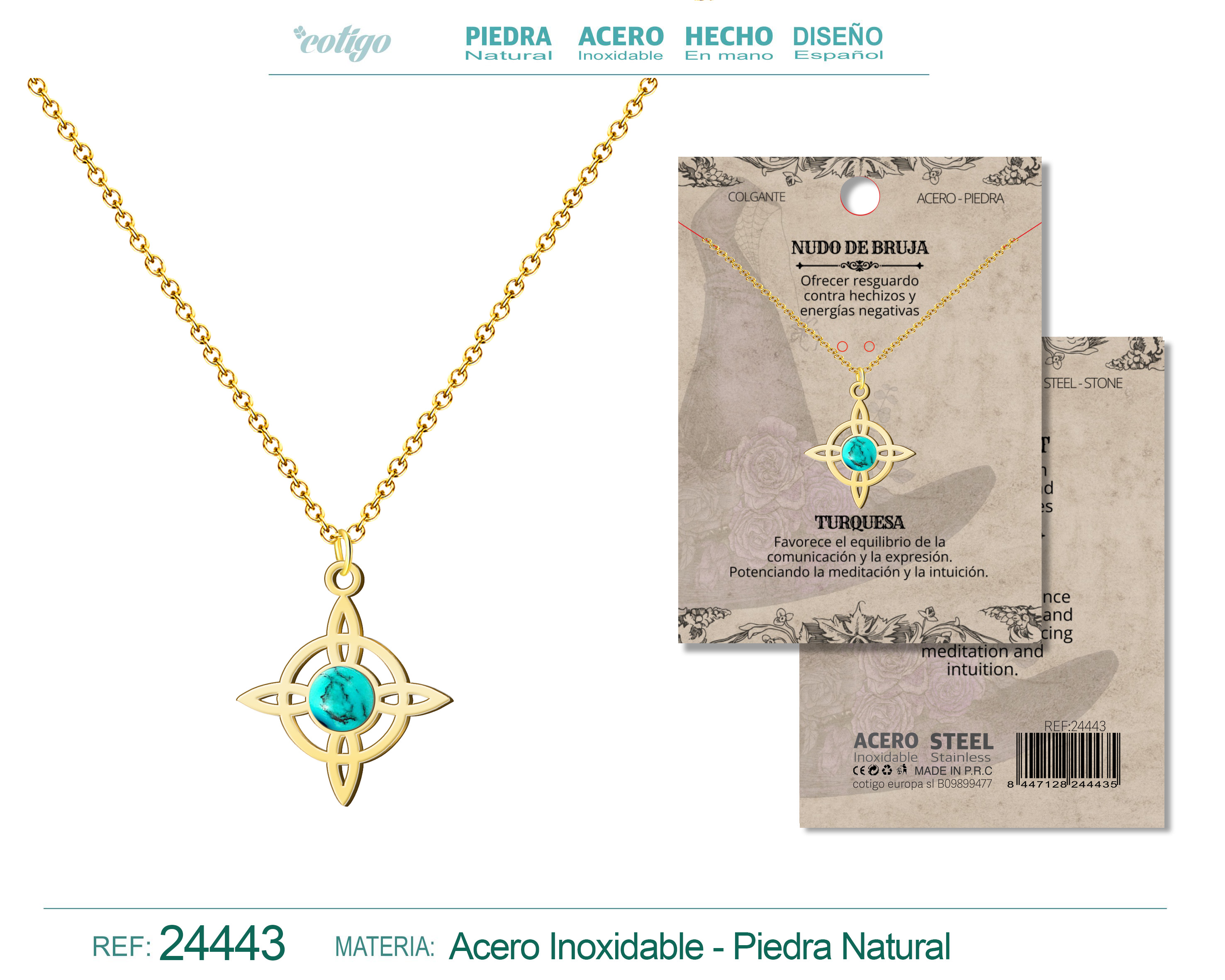 Colgante Nudo de Bruja Acero Dorado con Turquesa