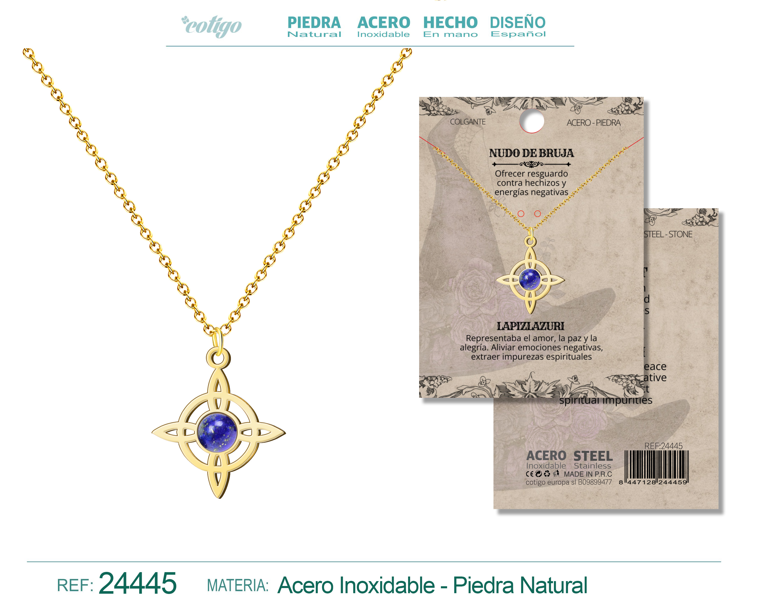Colgante Nudo de Bruja Acero Dorado con Lapizrazuri