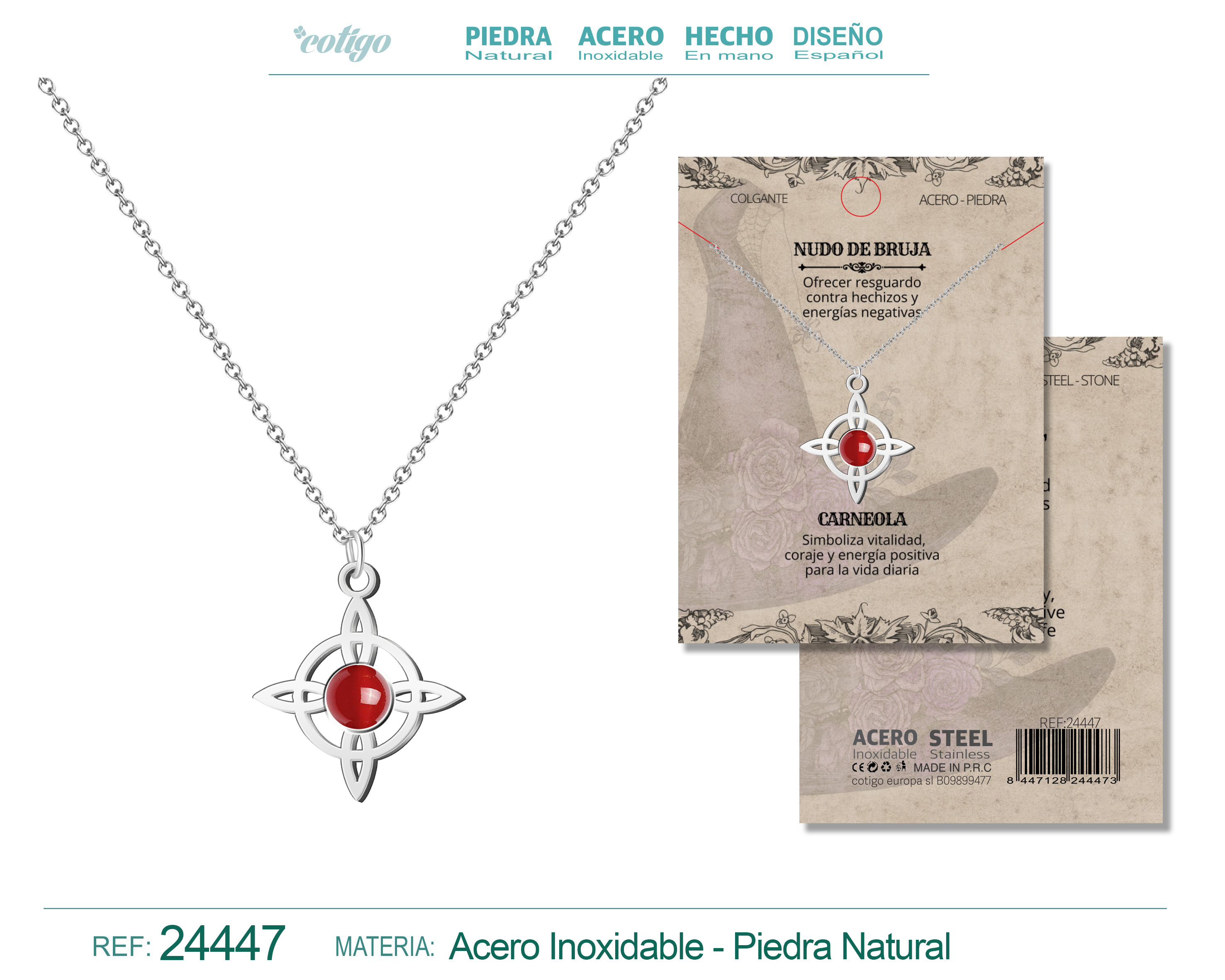 Colgante Nudo de Bruja Acero Plateado con Carneola