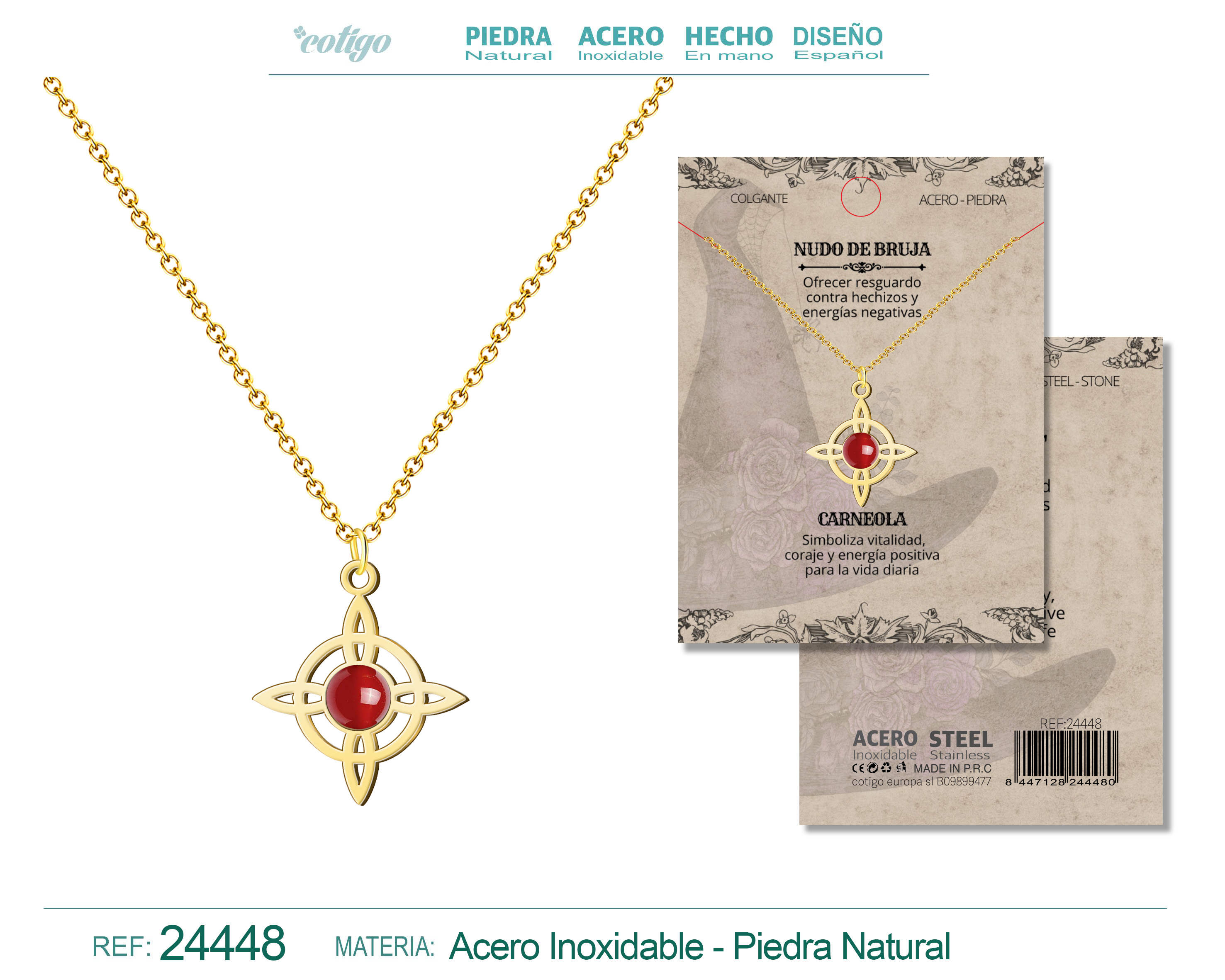 Colgante Nudo de Bruja Acero Dorado con Carneola