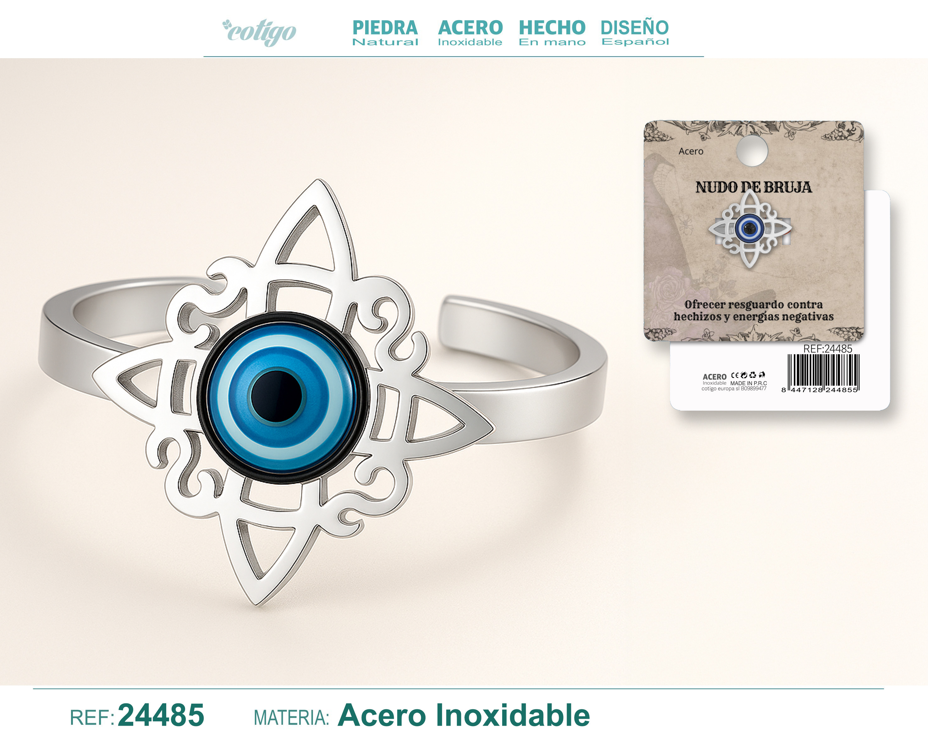 Anillo Nudo de Bruja Acero Plateado con Ojo de Turco