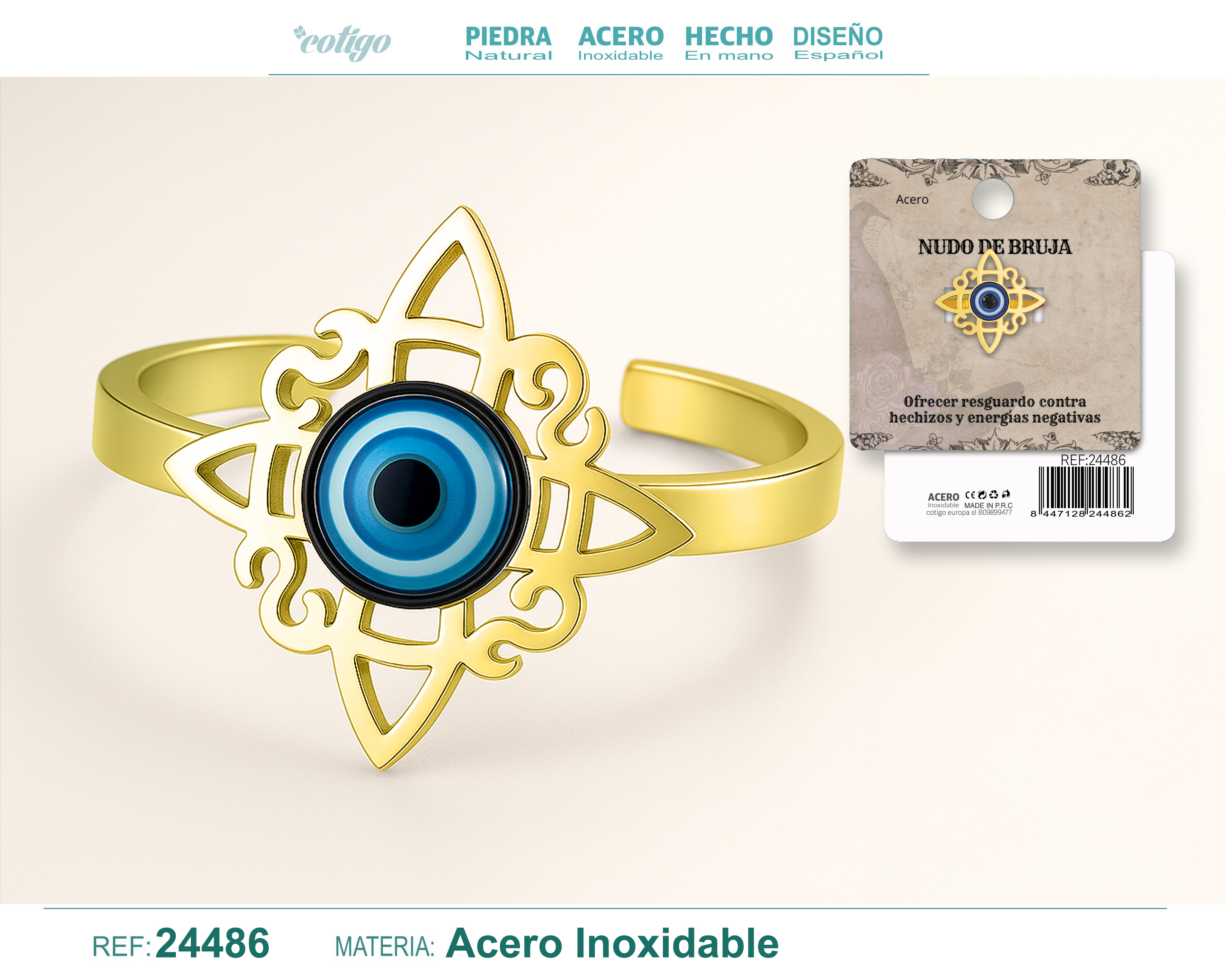 Anillo Nudo de Bruja Acero Dorado con Ojo de Turco