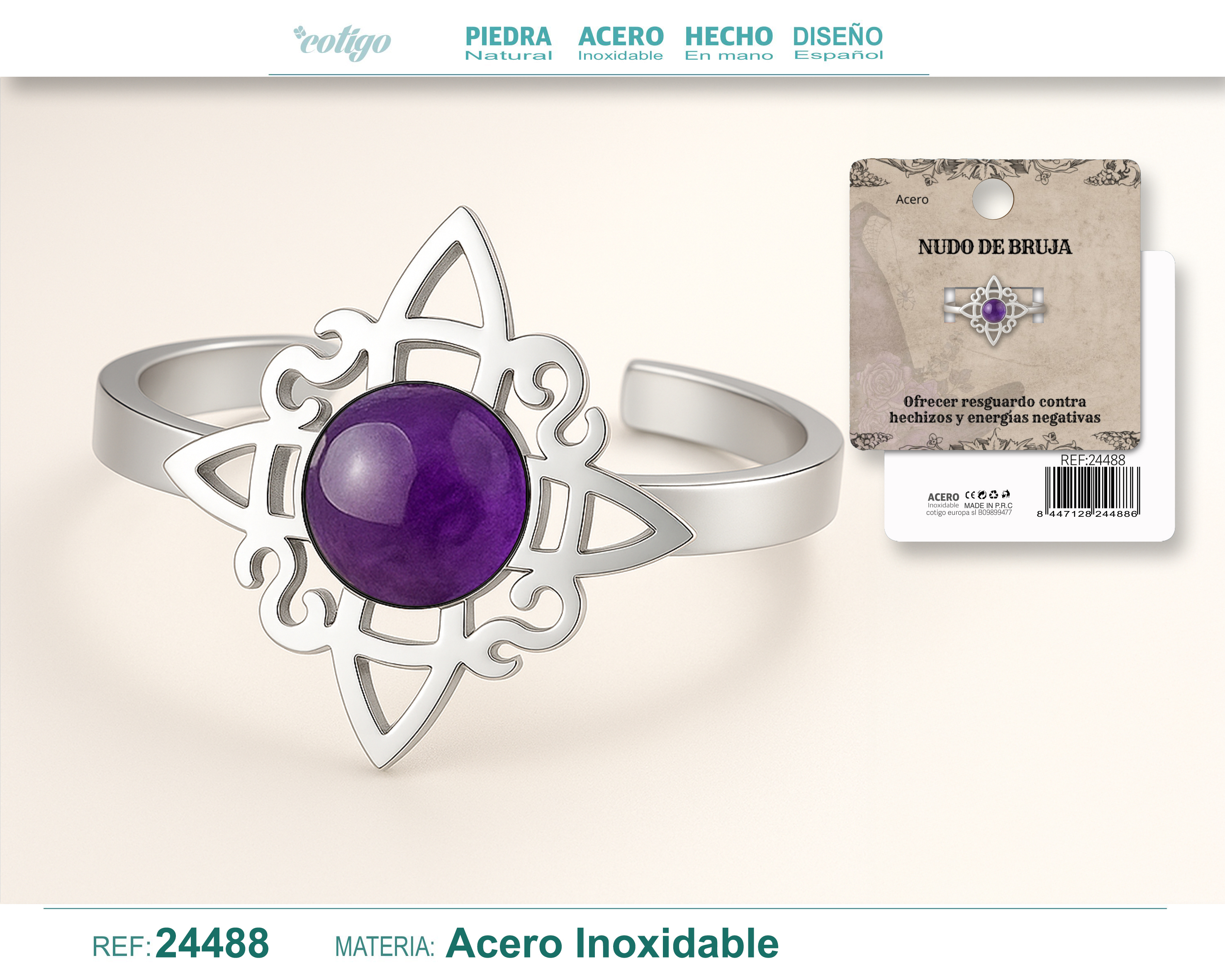 Anillo Nudo de Bruja Acero Plateado con Cuarzo Blanco