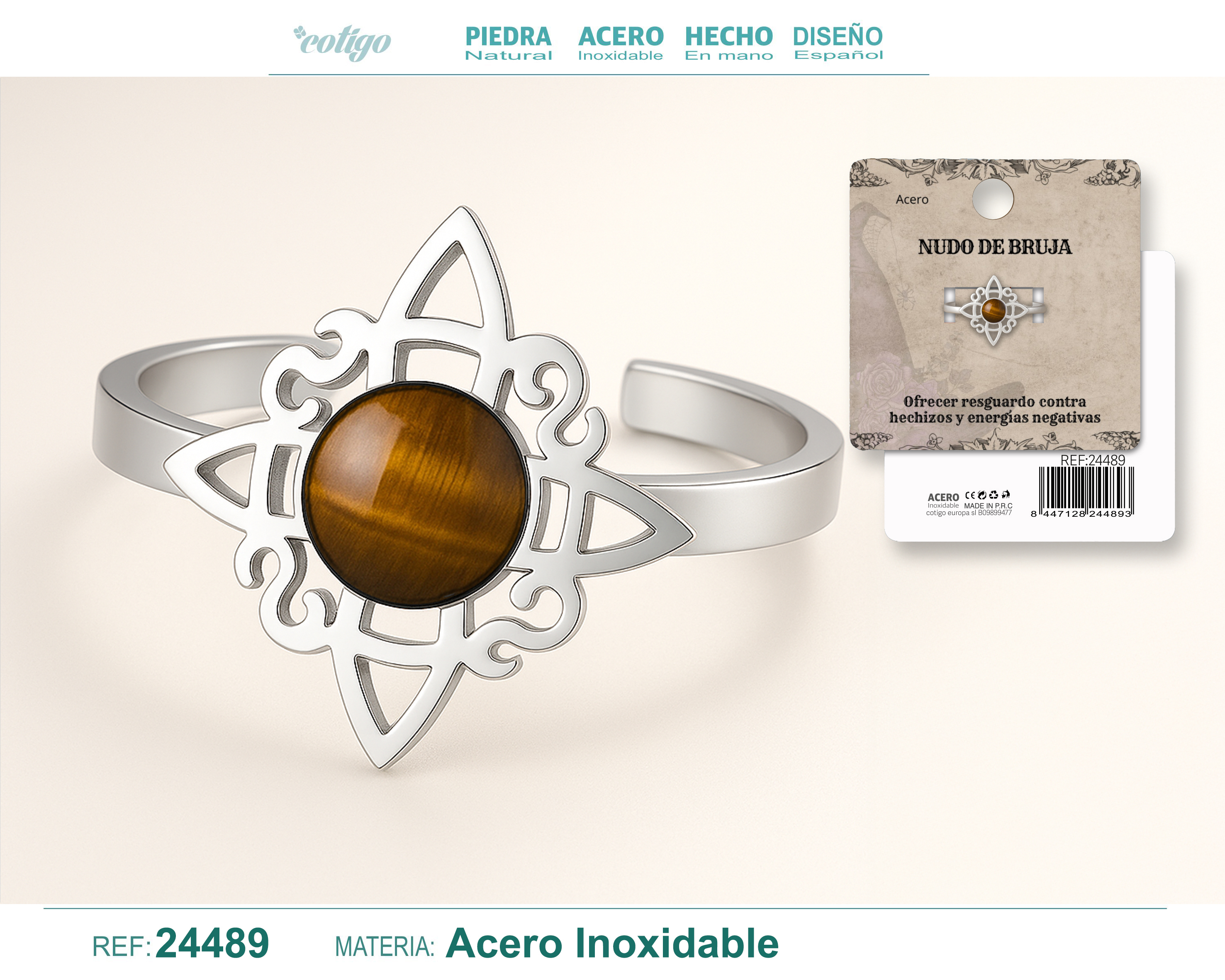 Anillo Nudo de Bruja Acero Plateado con Ojo de Tigre