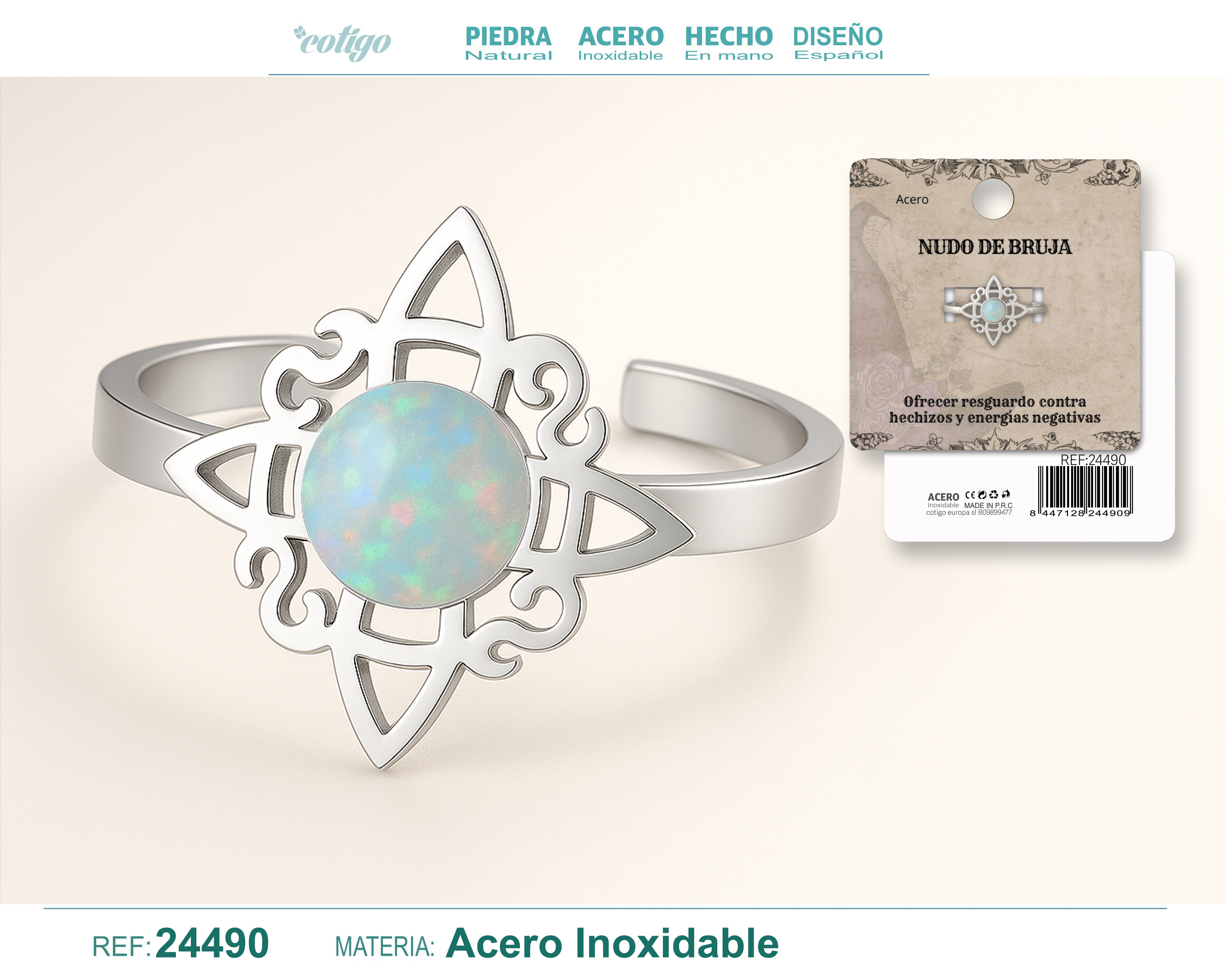 Anillo Nudo de Bruja Acero Plateado con Opalina