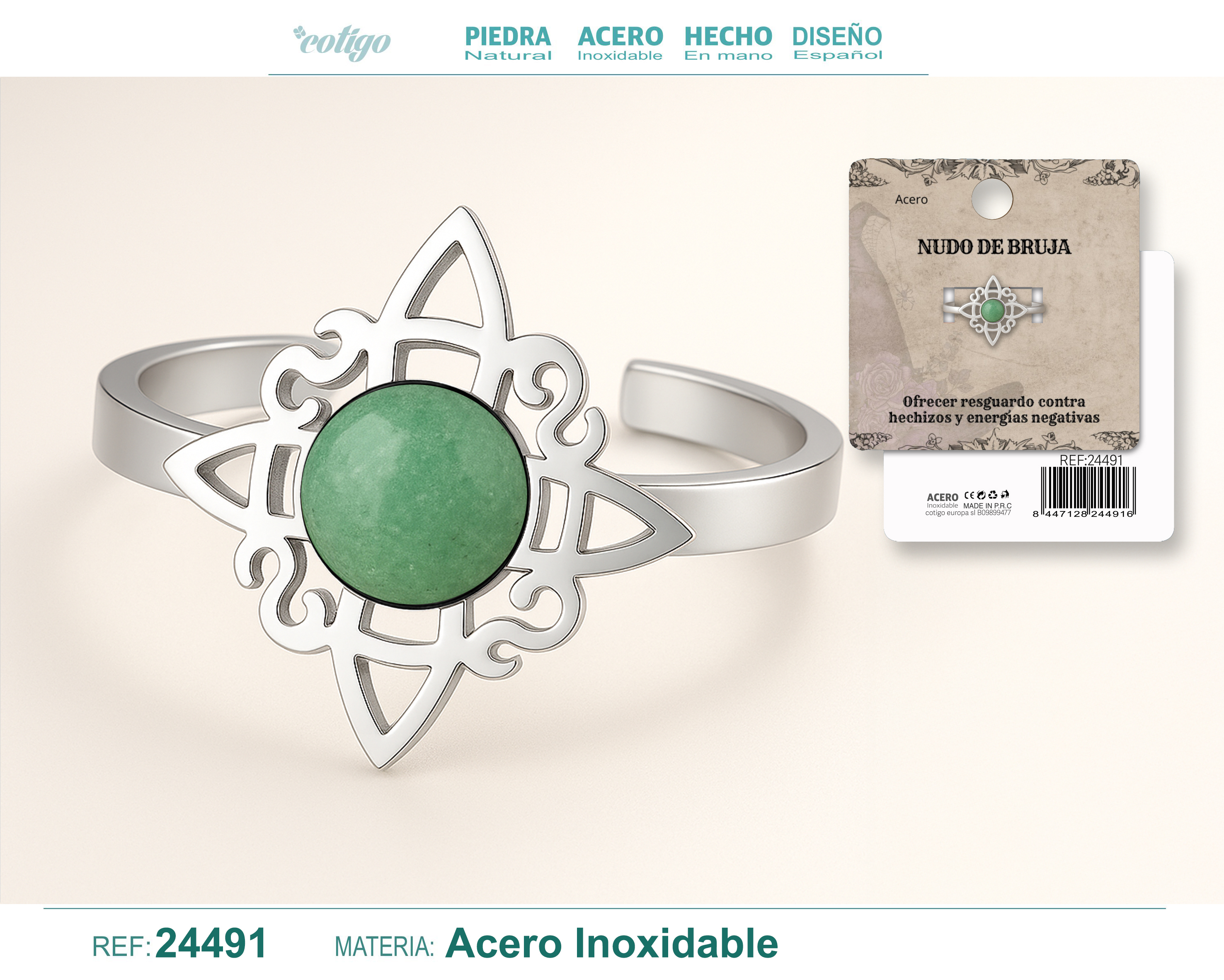 Anillo Nudo de Bruja Acero Plateado con Aventurina Verde
