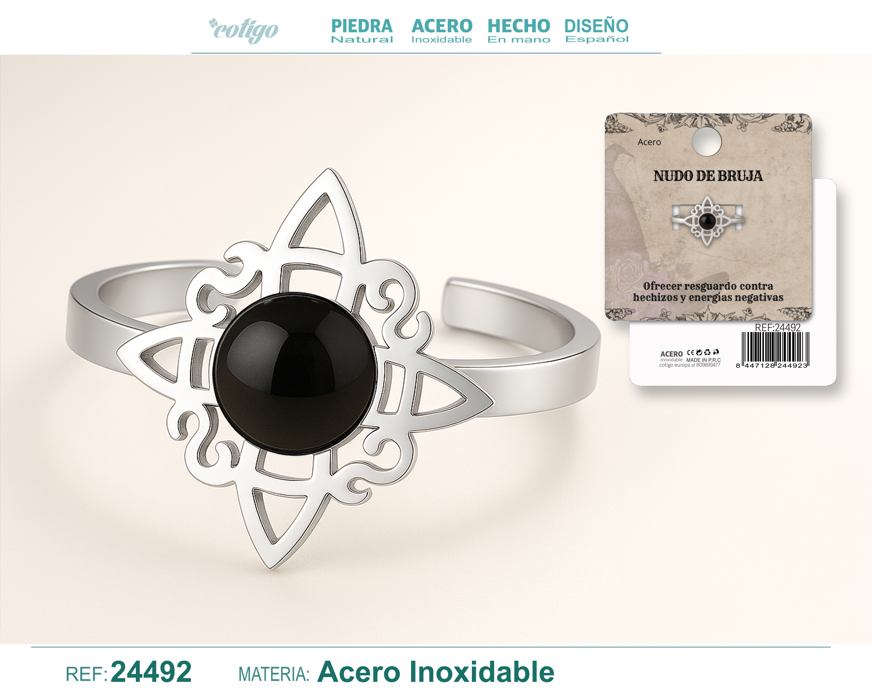 Anillo Nudo de Bruja Acero Plateado con Agata Negra