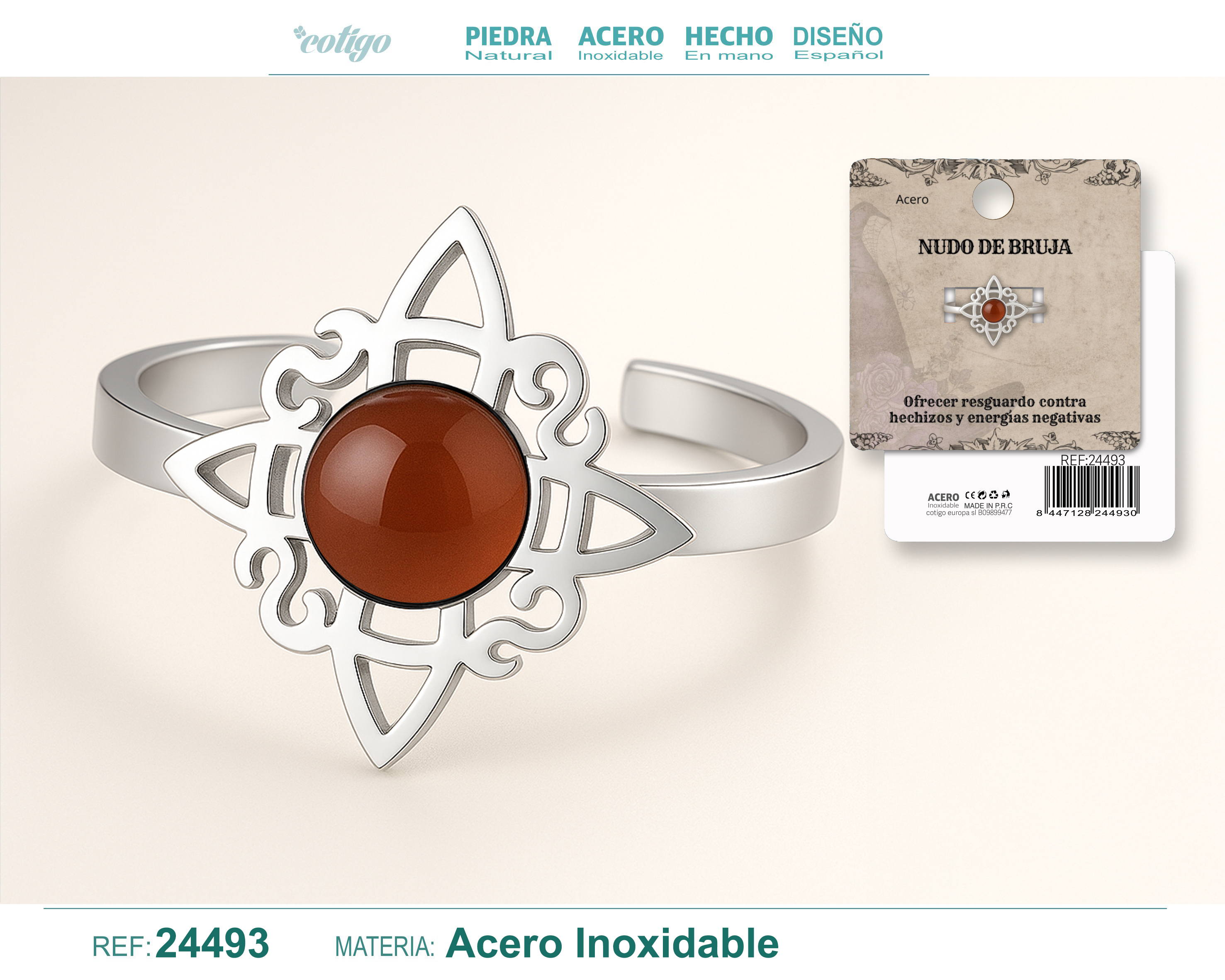 Anillo Nudo de Bruja Acero Plateado con Carneola