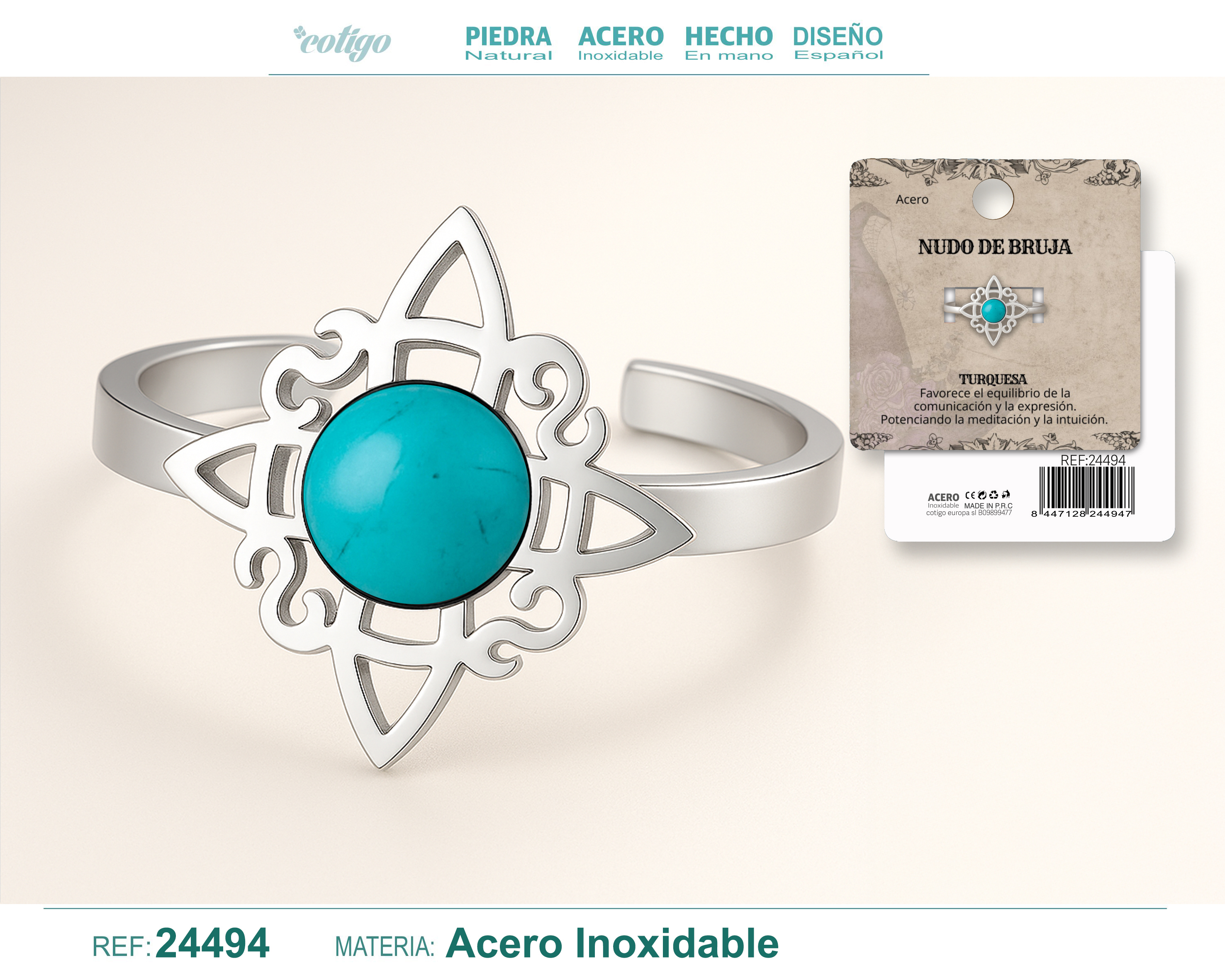 Anillo Nudo de Bruja Acero Plateado con Turquesa