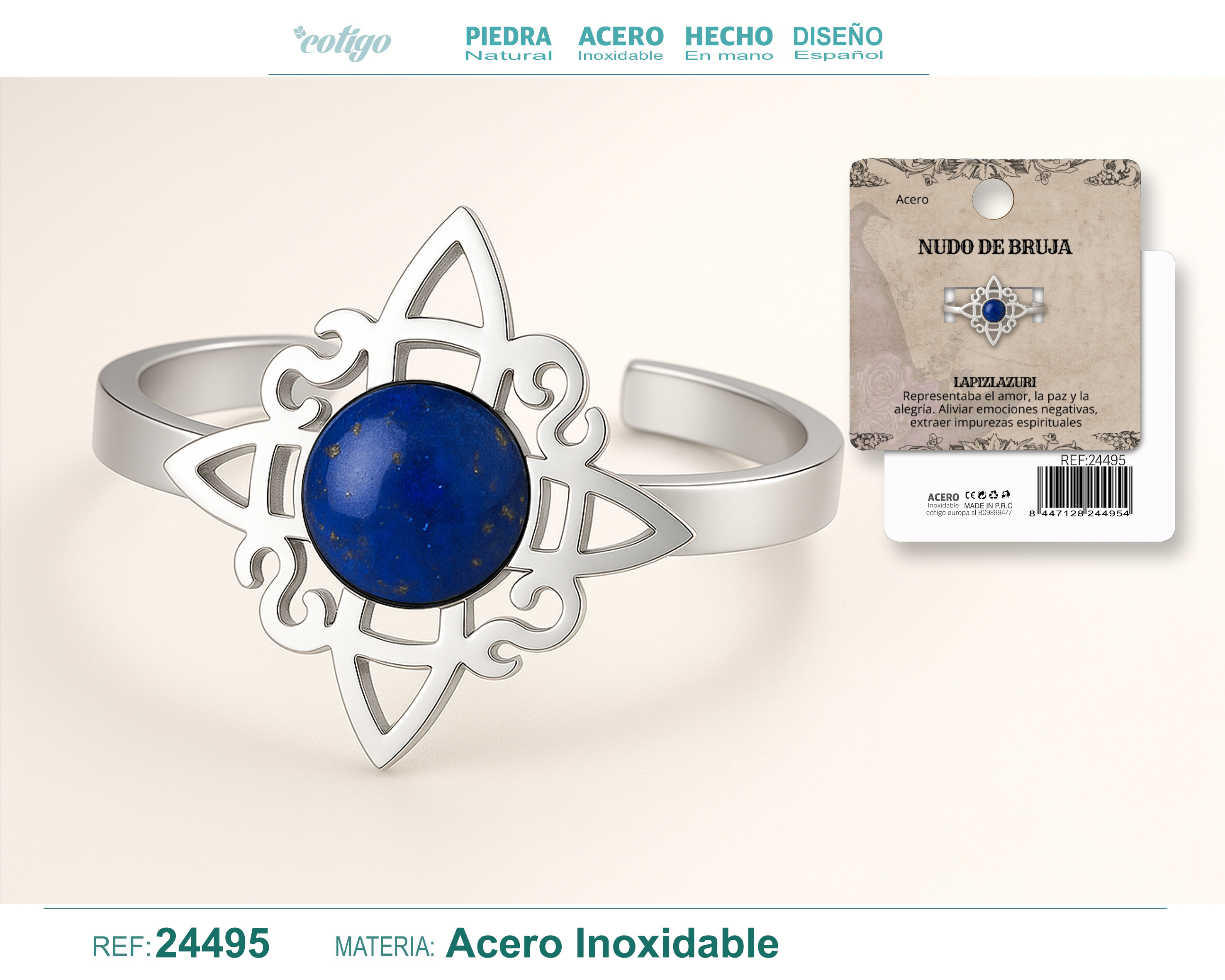 Anillo Nudo de Bruja Acero Plateado con Lapizlazuri