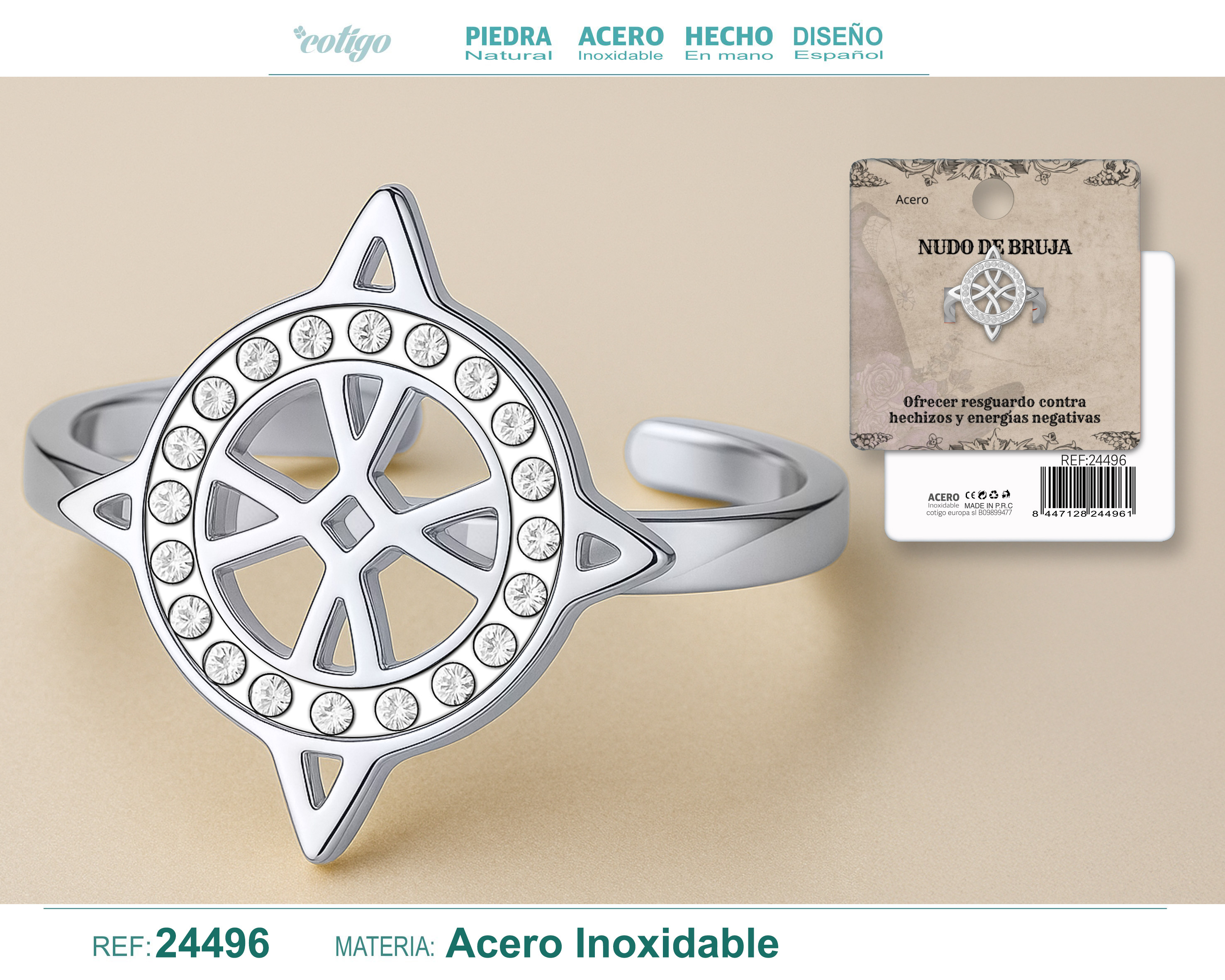 Anillo Nudo de Bruja Acero Plateado con Circonita