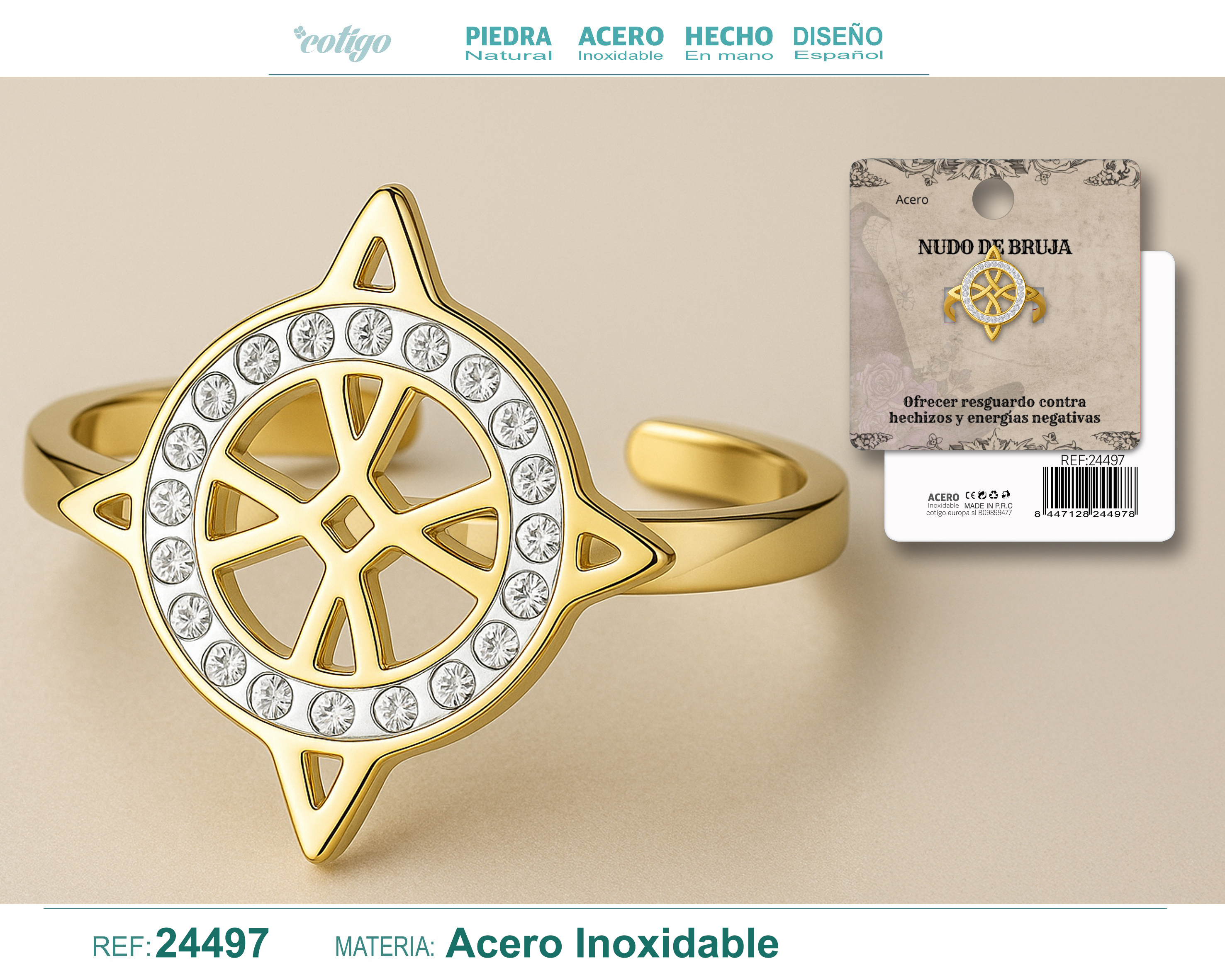 Anillo Nudo de Bruja Acero Dorado con Circonita