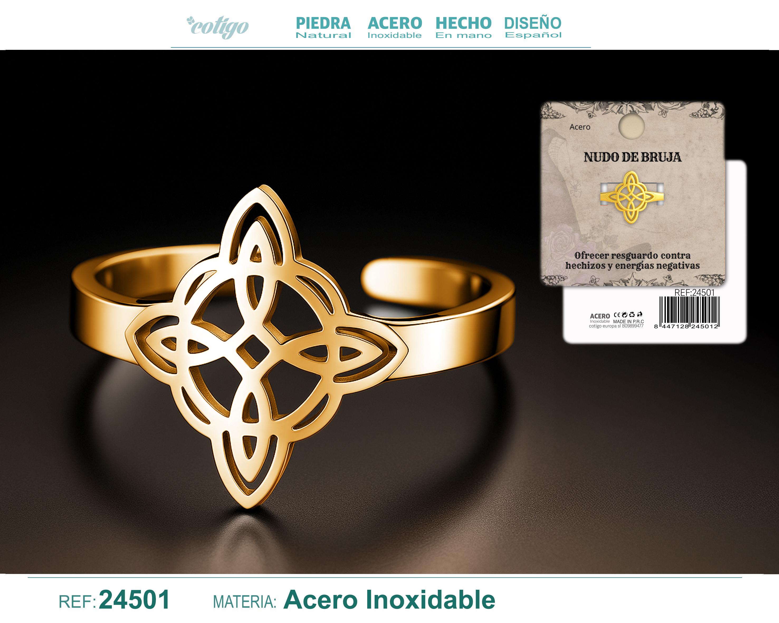 Anillo Nudo de Bruja Acero Dorado