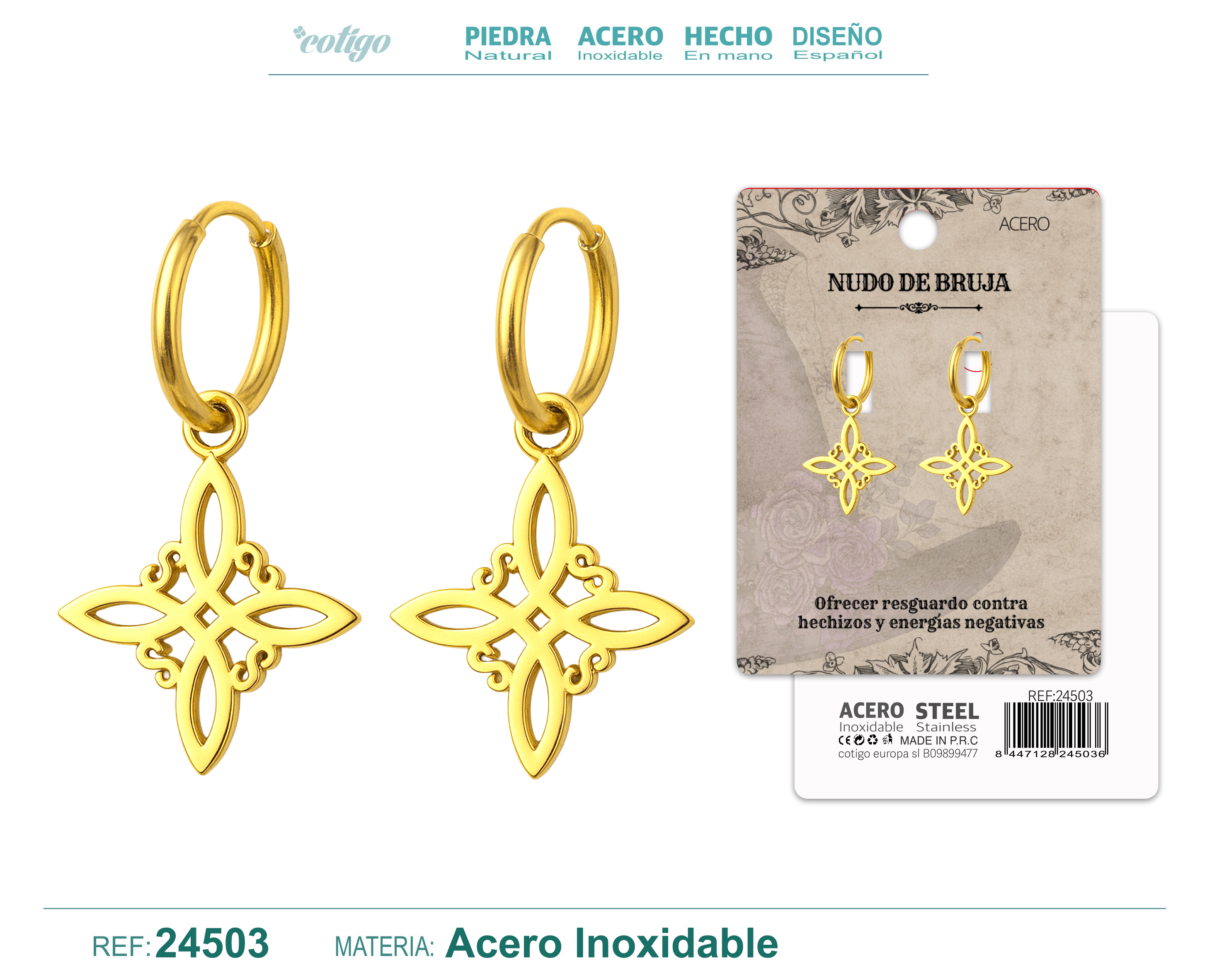 Pendiente Nudo de Bruja Acero Dorado