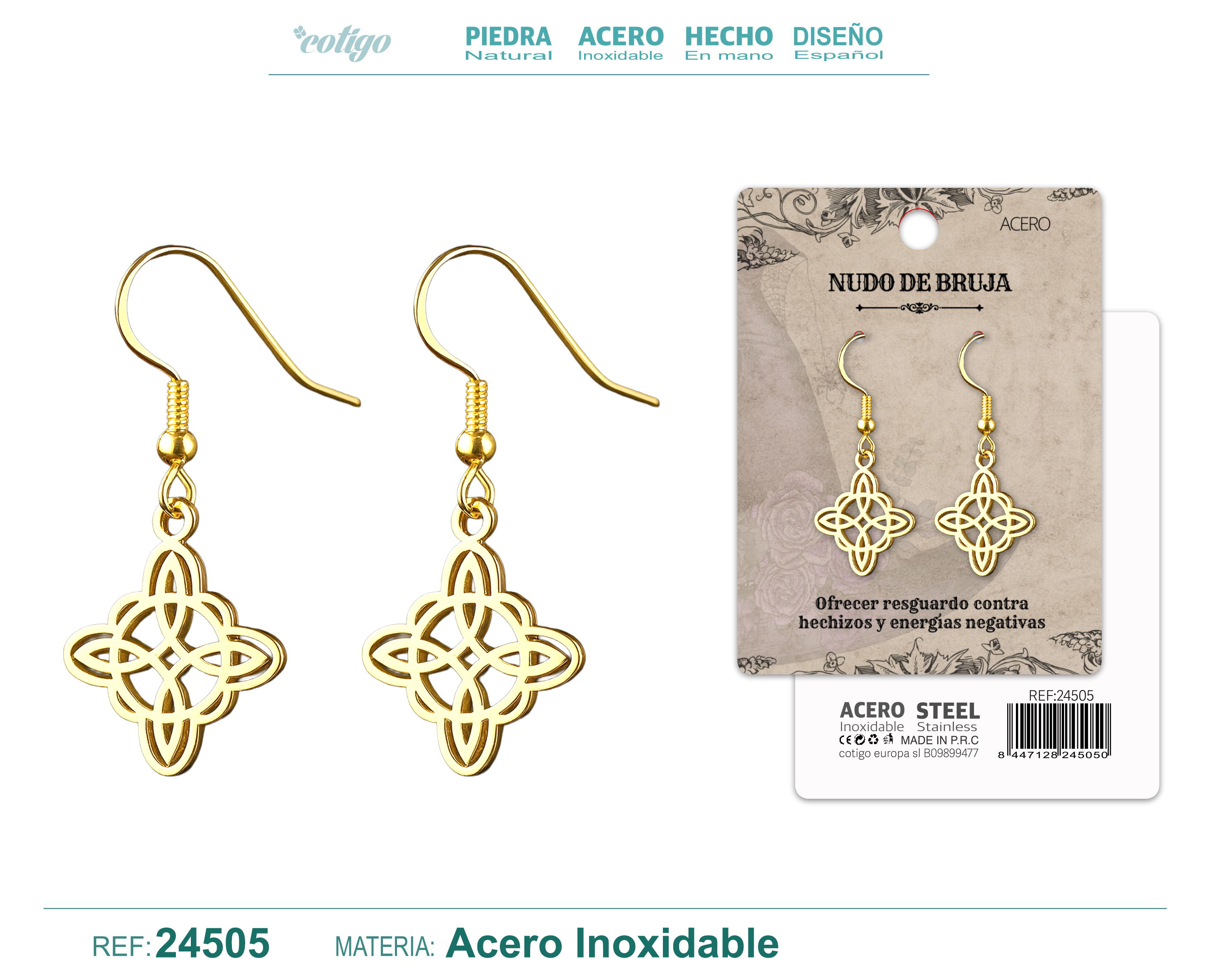 Pendiente Nudo de Bruja Acero Dorado