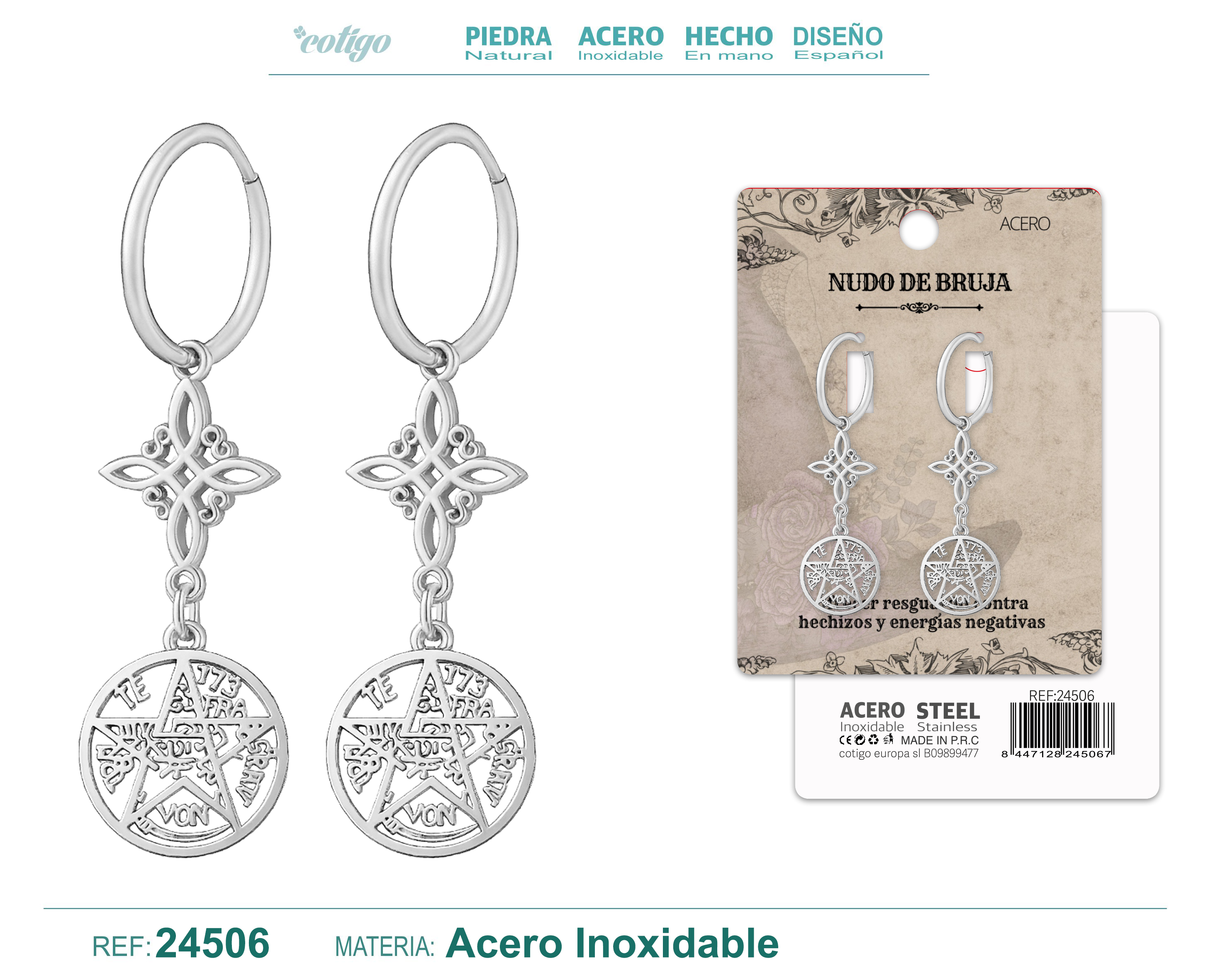 Pendiente Nudo de Bruja con Tetragramaton Acero Plateado