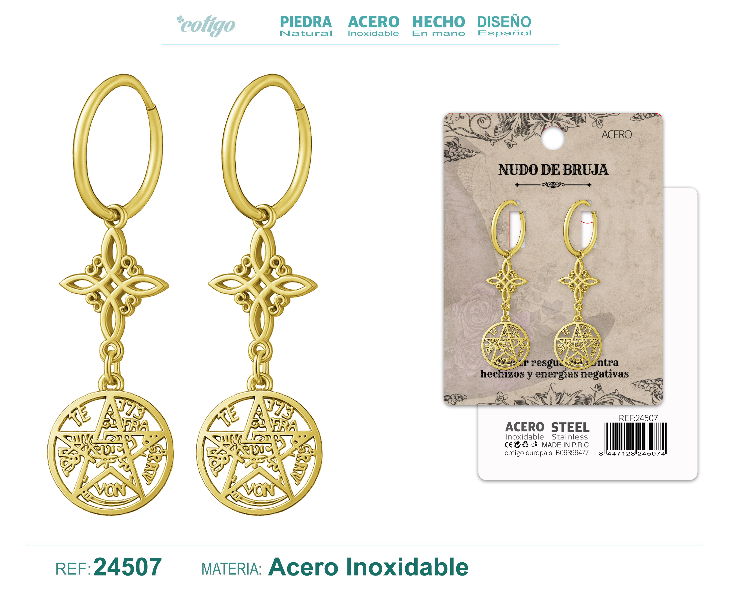 Pendiente Nudo de Bruja con Tetragramaton Acero Dorado