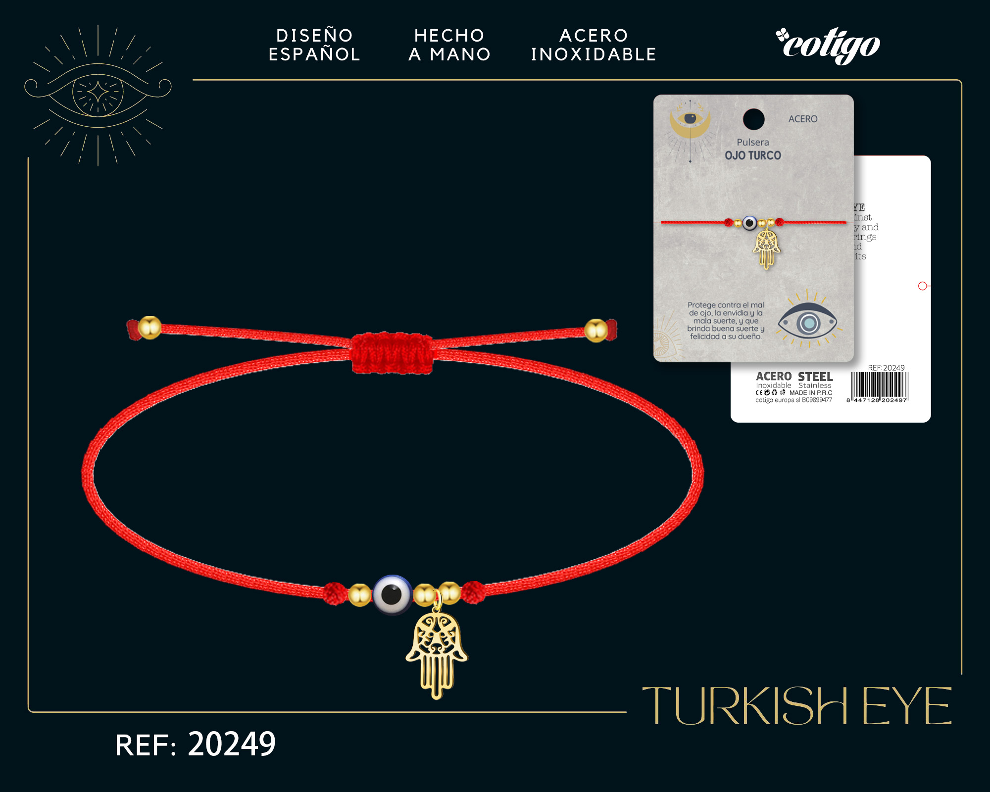 Pulsera Ojo turco Acero con Cordon Hilo encerado