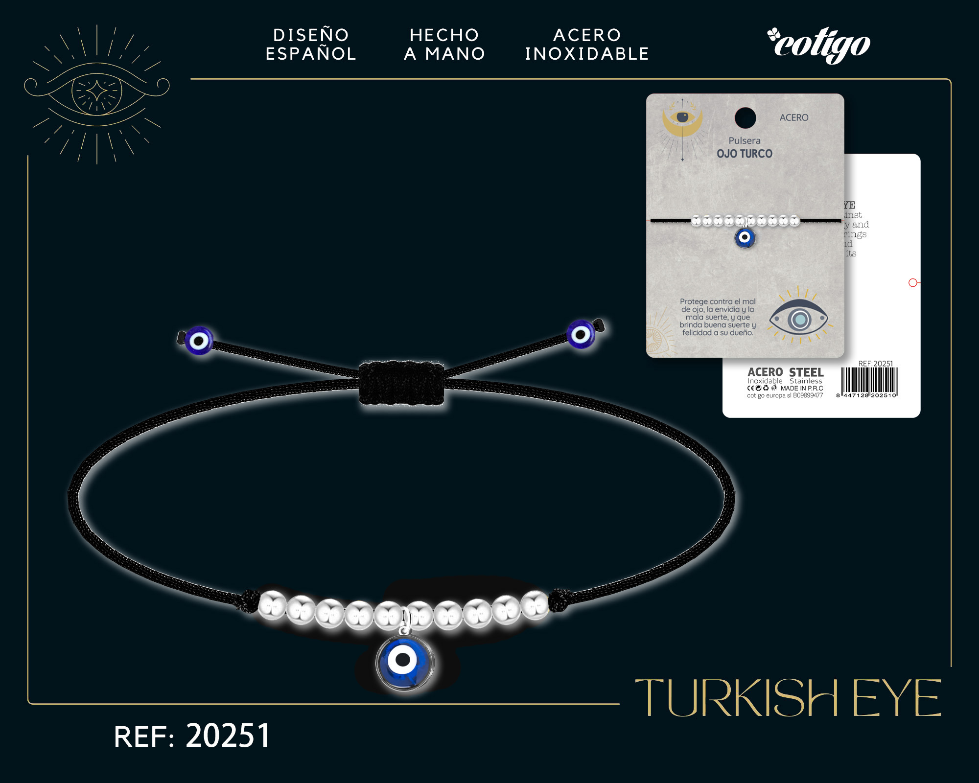 Pulsera Ojo turco Acero con Cordon Hilo encerado