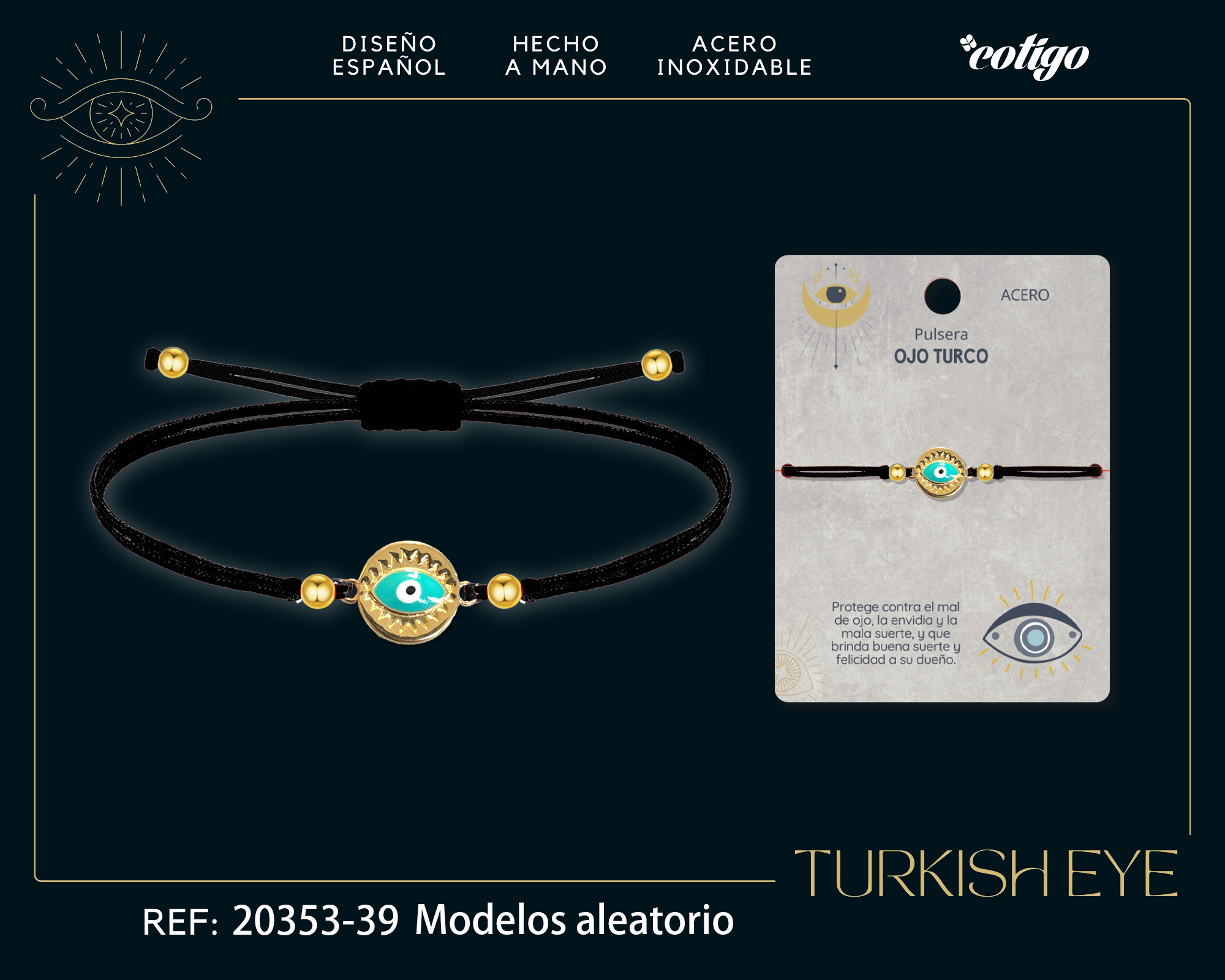 Pulsera Hilo encerado Negro CON OJO TURCO Dorado