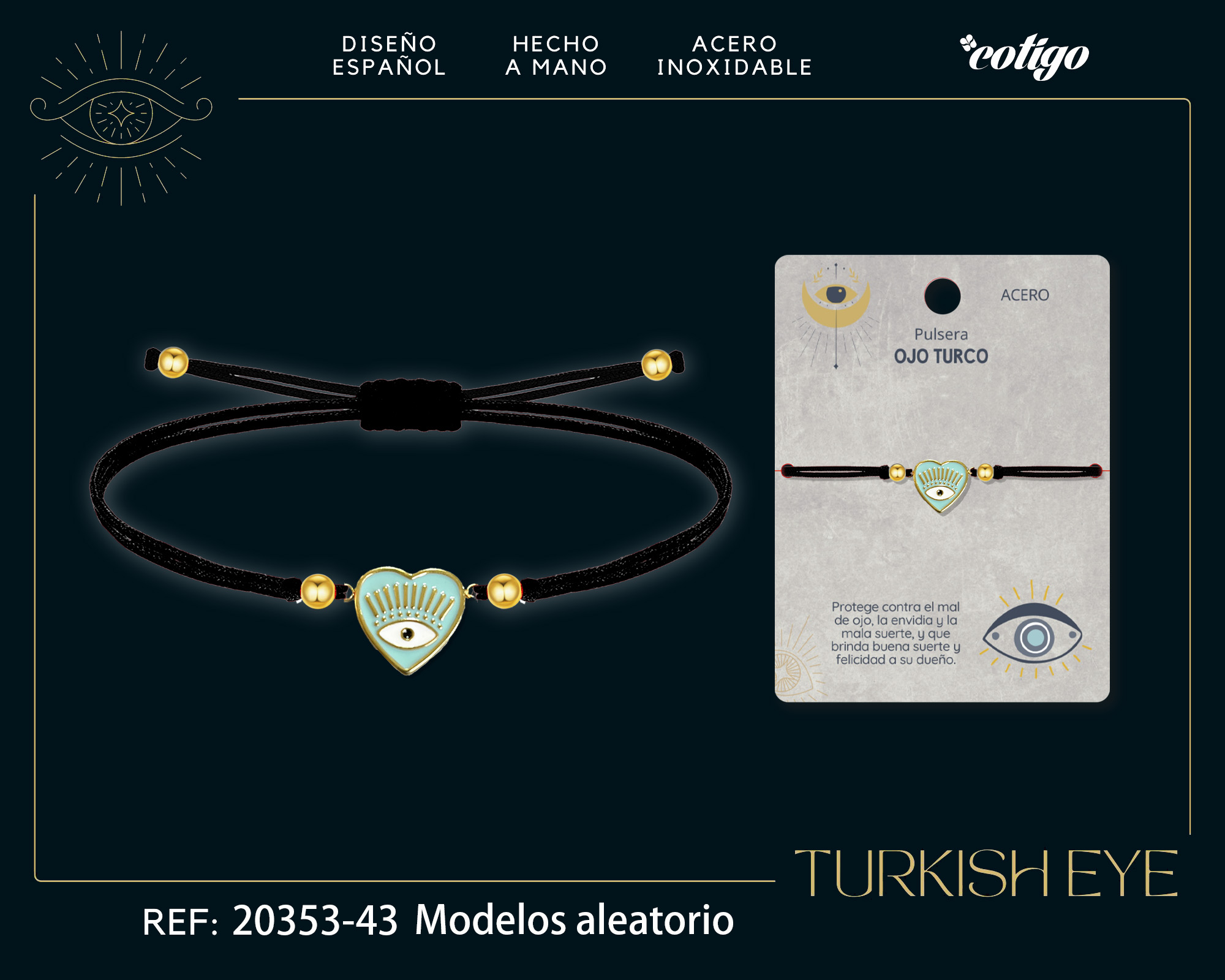 Pulsera Hilo encerado Negro CON OJO TURCO Dorado