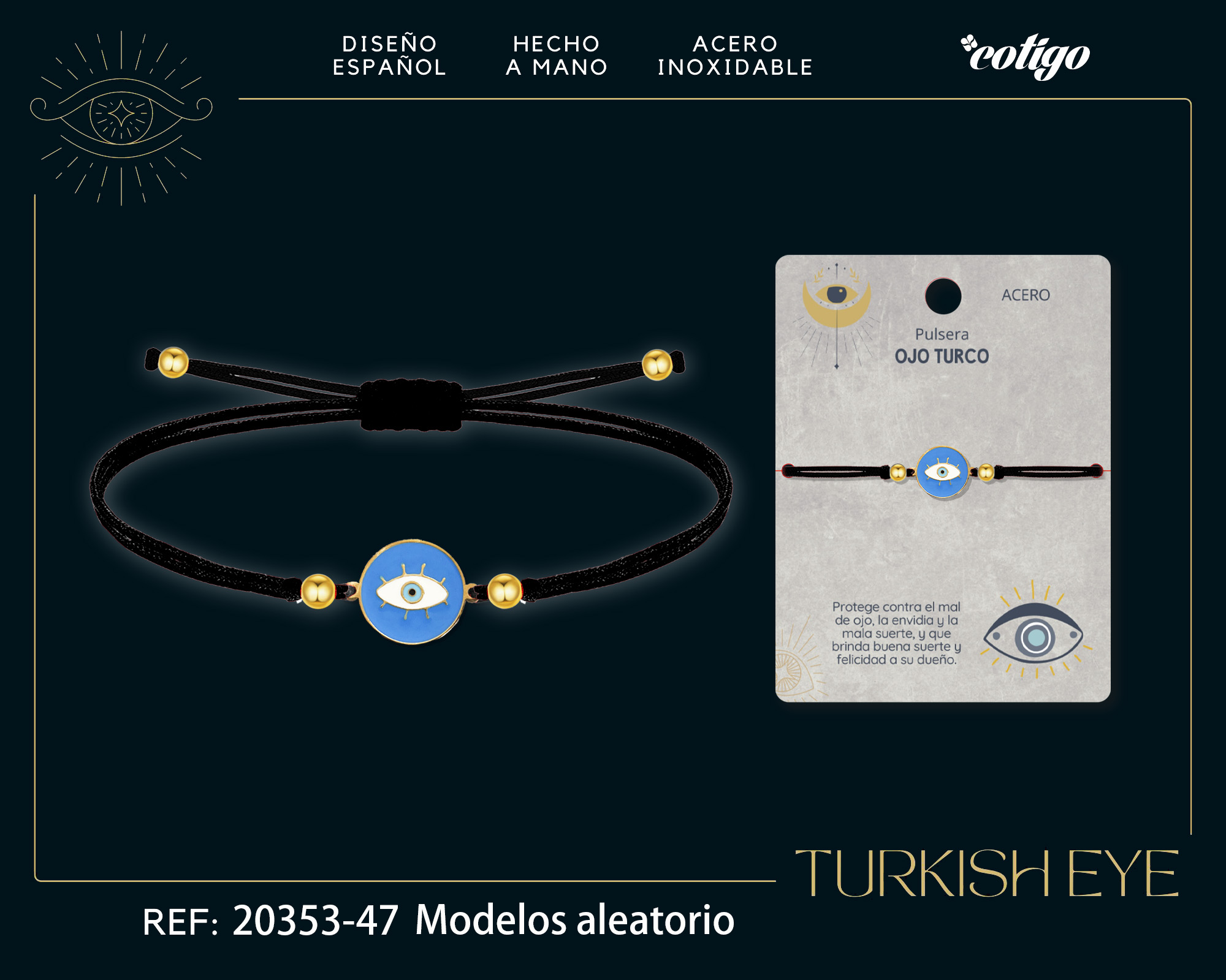 Pulsera Hilo encerado Negro CON OJO TURCO Dorado