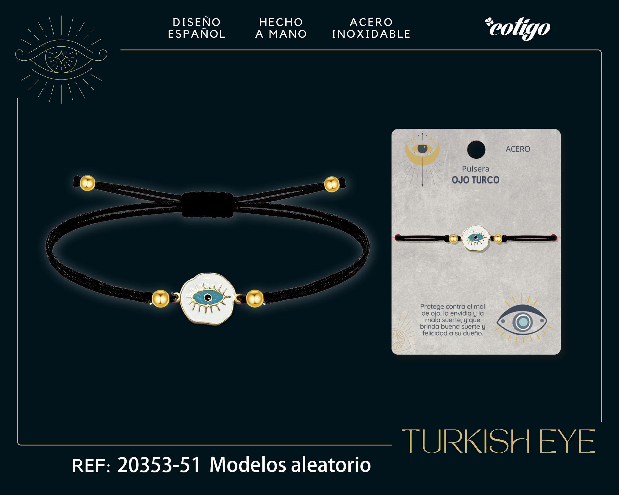 Pulsera Hilo encerado Negro CON OJO TURCO Dorado