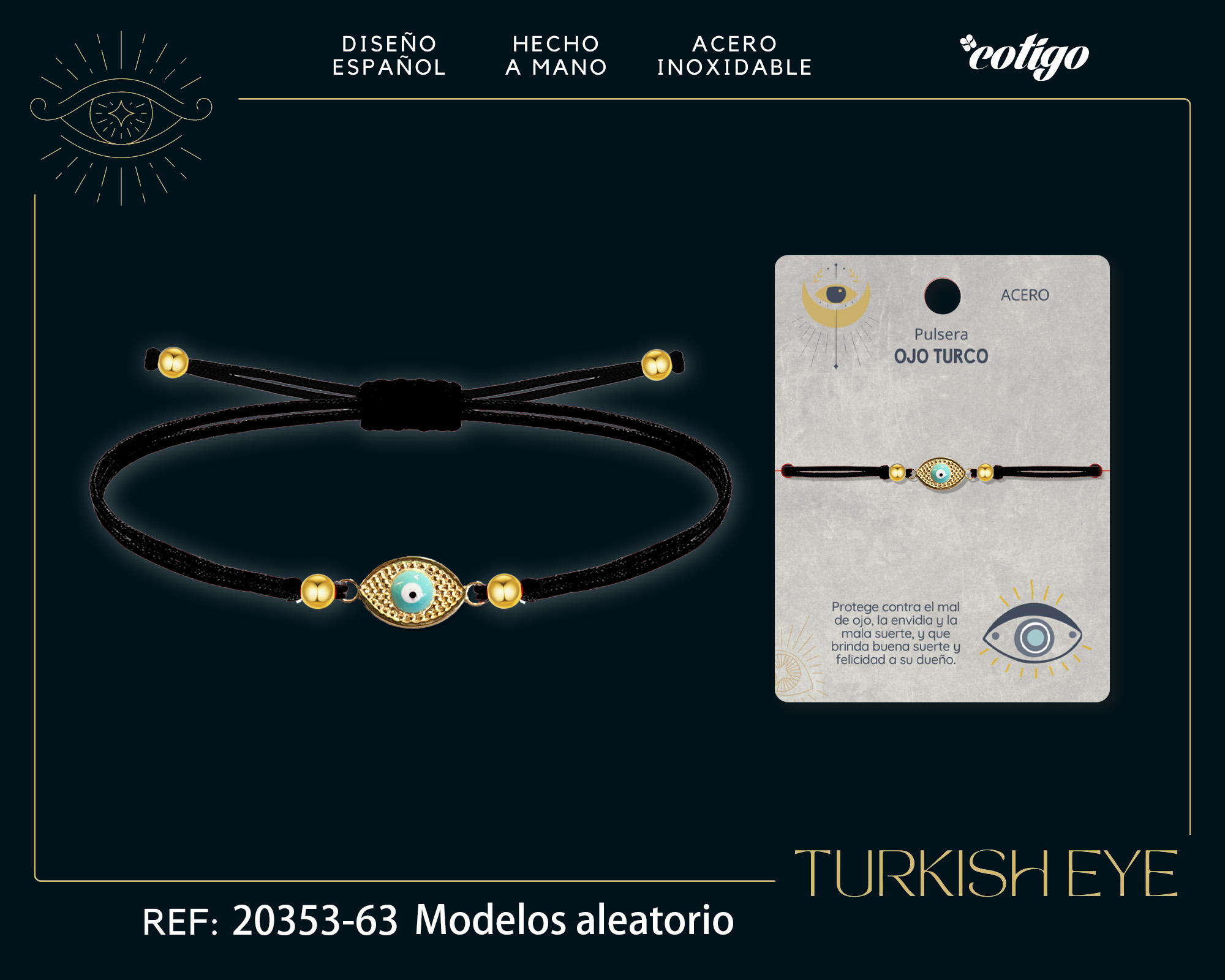 Pulsera Hilo encerado Negro CON OJO TURCO Dorado