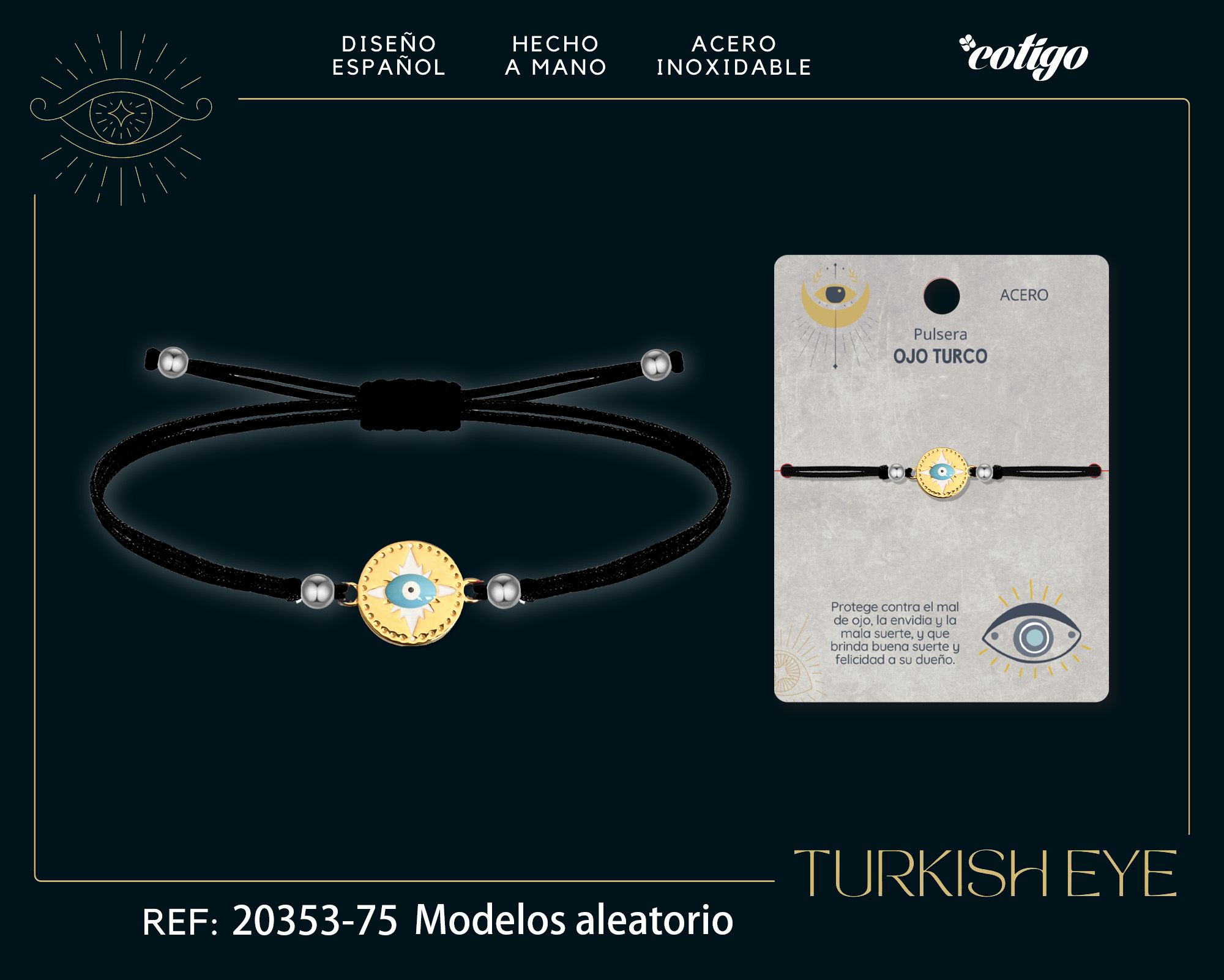 Pulsera Hilo encerado Negro CON OJO TURCO Dorado