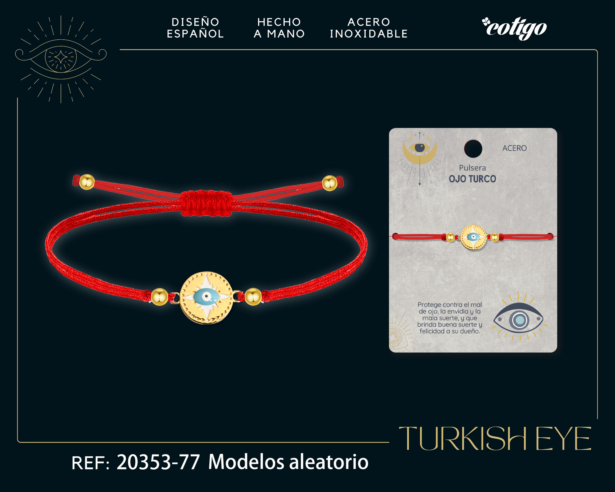 Pulsera Hilo encerado Rojo CON OJO TURCO Dorado