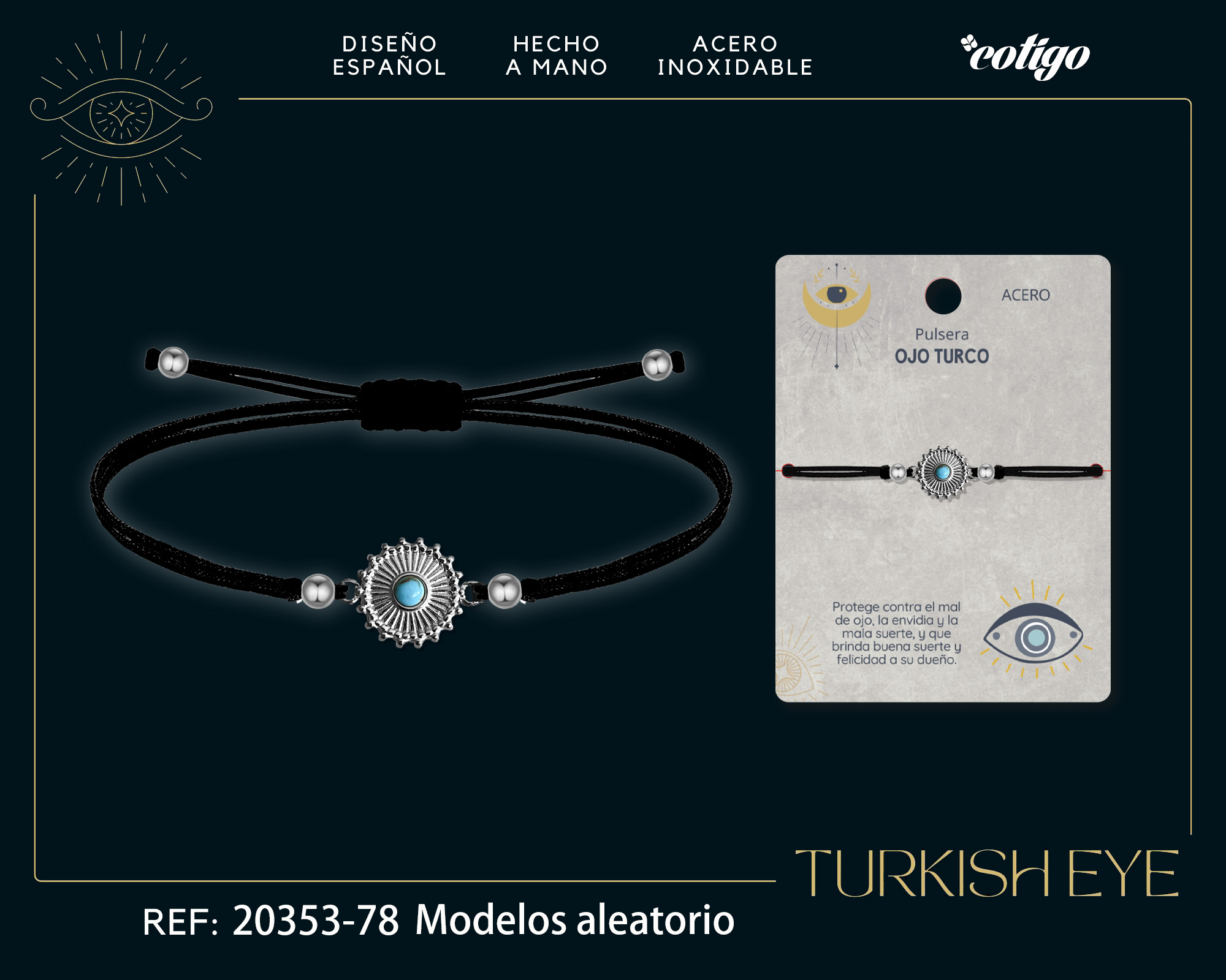 Pulsera Hilo encerado Negro CON OJO TURCO Plateado