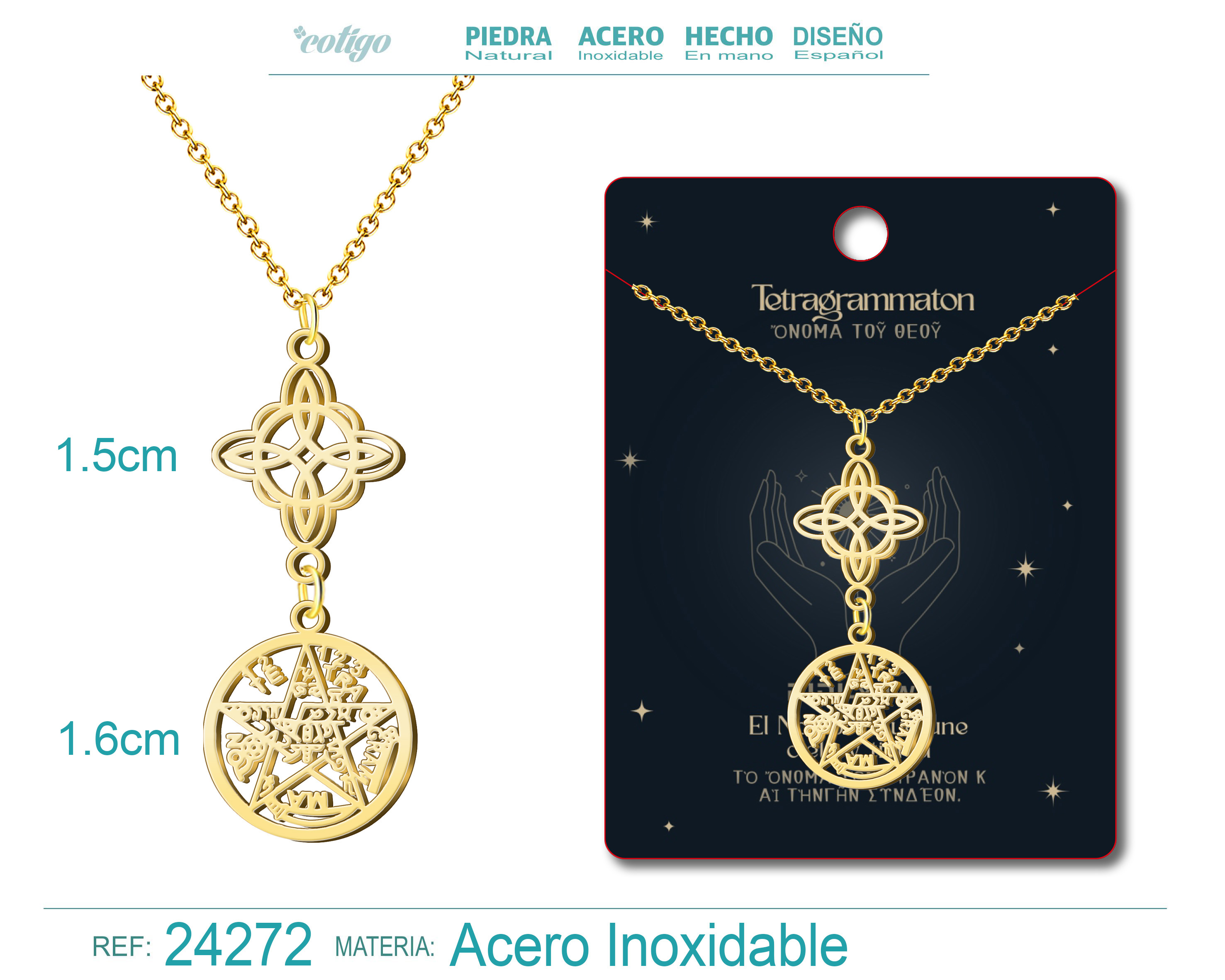 Colgante Tetragramaton con Nudo de Bruja Acero color Dorado