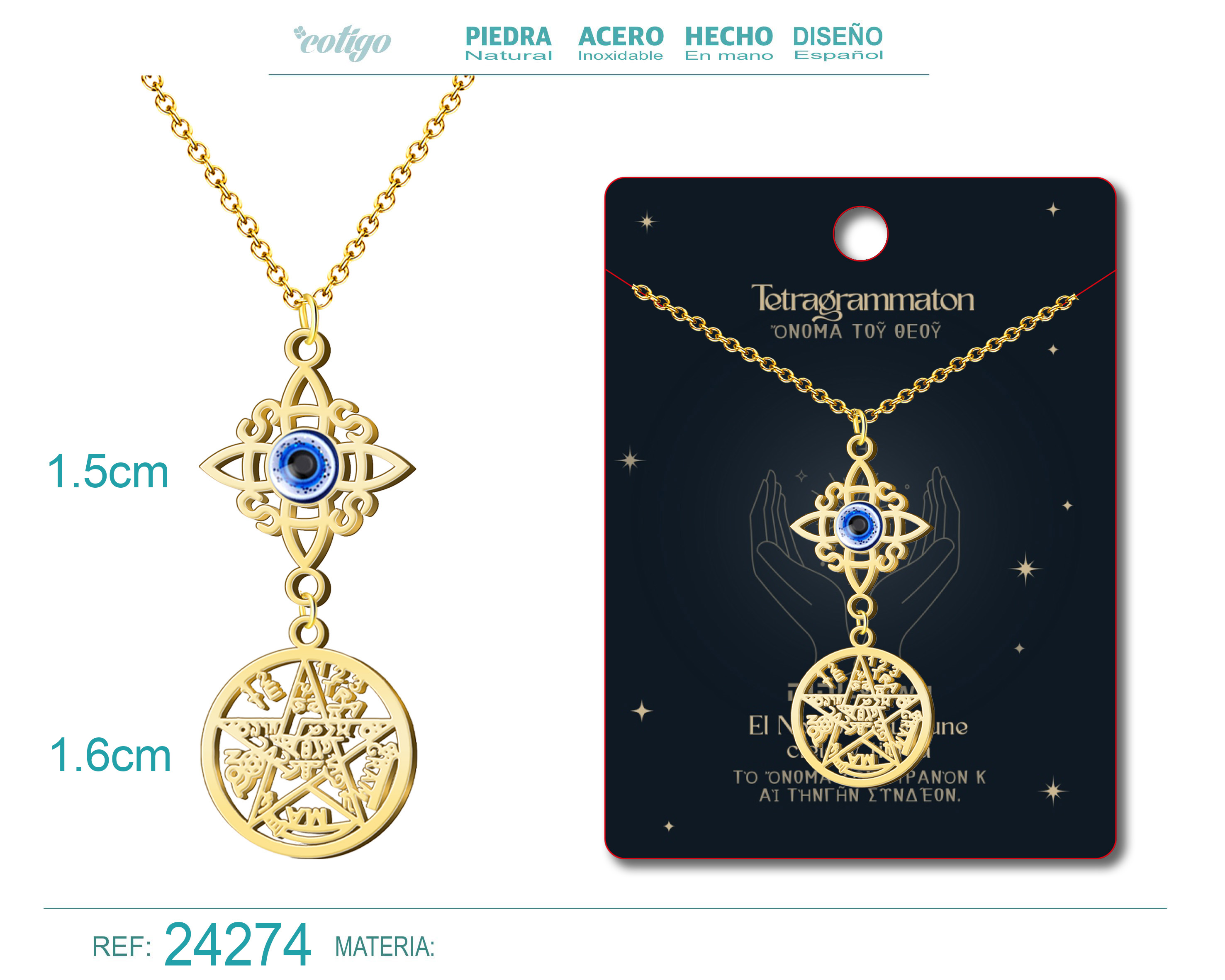 Colgante Tetragramaton con Nudo de Bruja Acero color Dorado