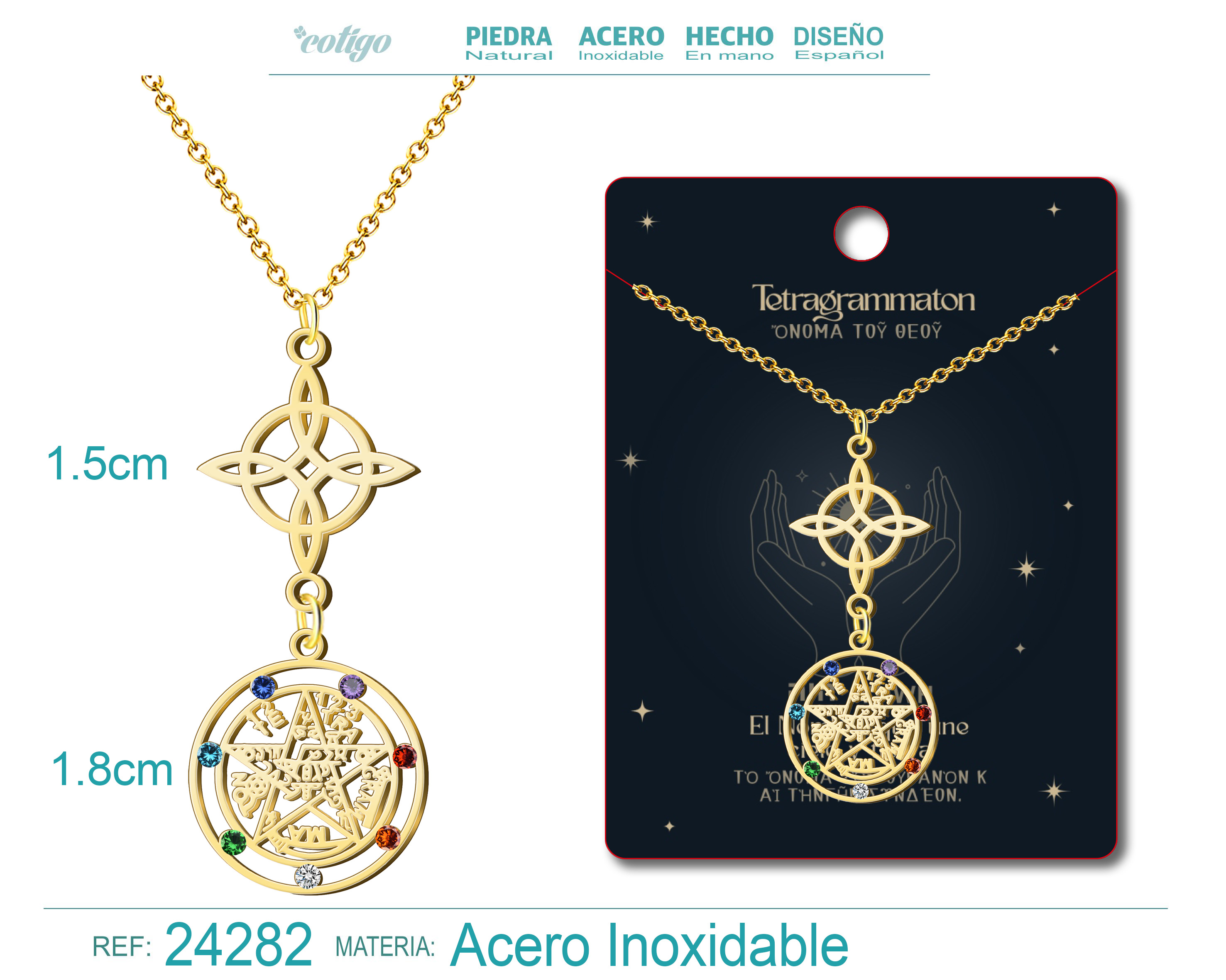 Colgante Tetragramaton con Nudo de Bruja Acero color Dorado