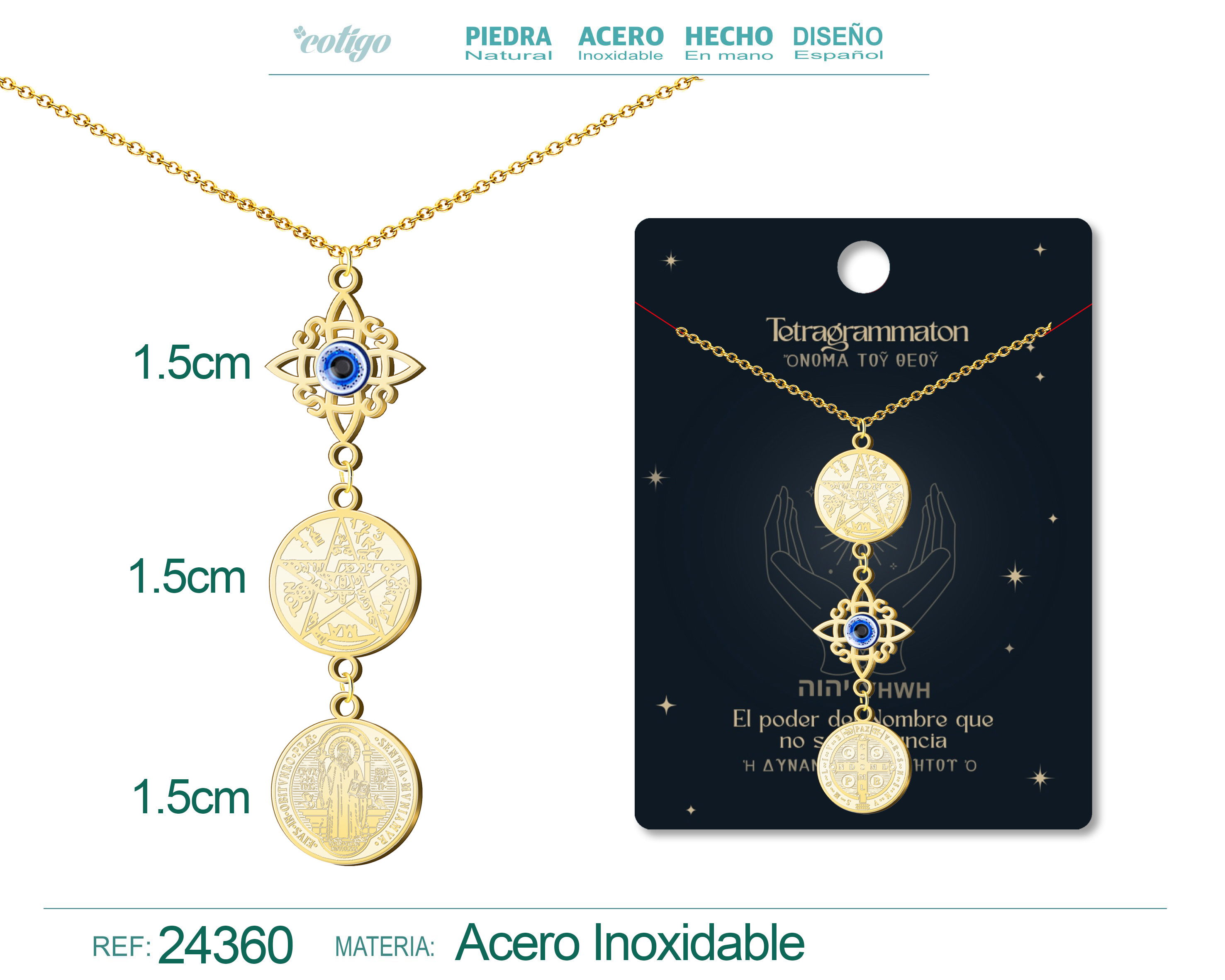 Colgante de Tetragramaton + Nudo de Bruja con Ojo turco + San Benito Acero Dorado