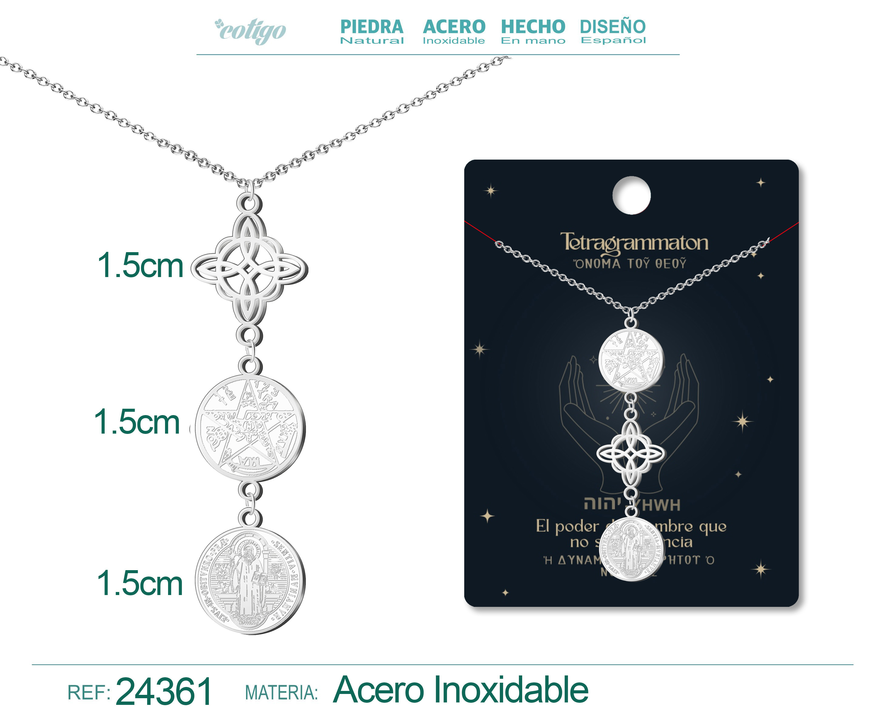 Colgante de Tetragramaton + Nudo de Bruja + San Benito Acero Plateado