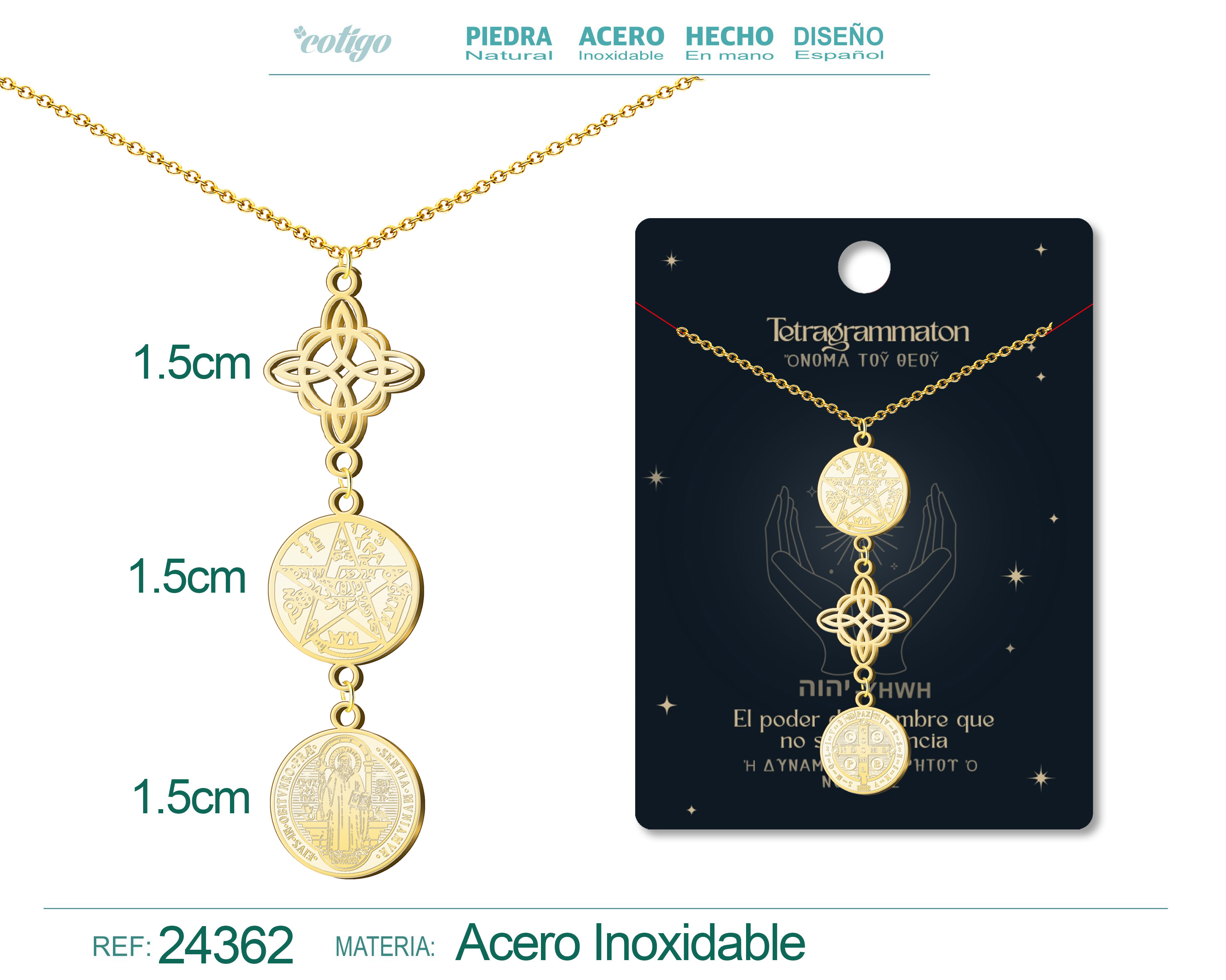 Colgante de Tetragramaton + Nudo de Bruja + San Benito Acero Dorado