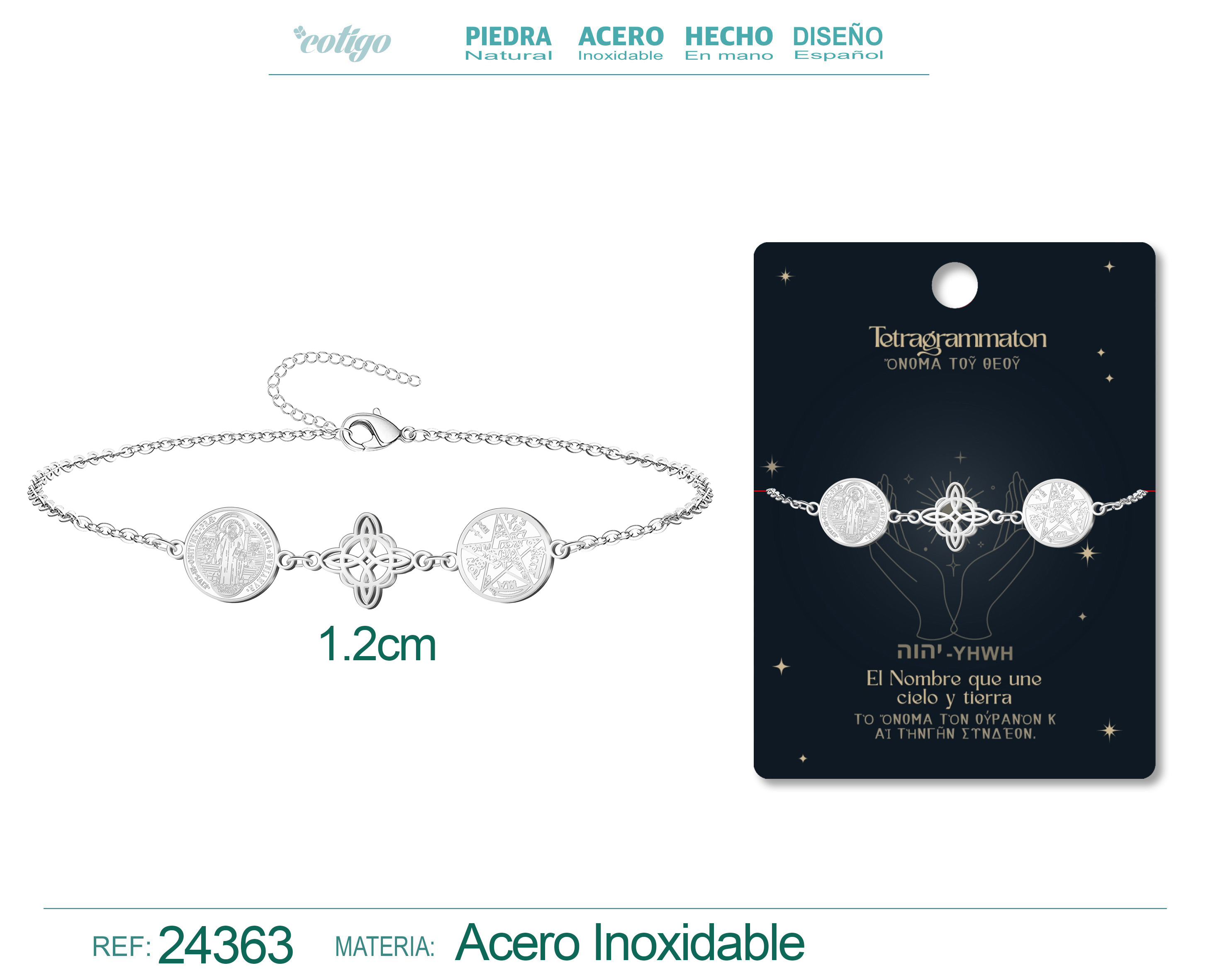 Pulsera de Tetragramaton + Nudo de Bruja + San Benito Acero Plateado