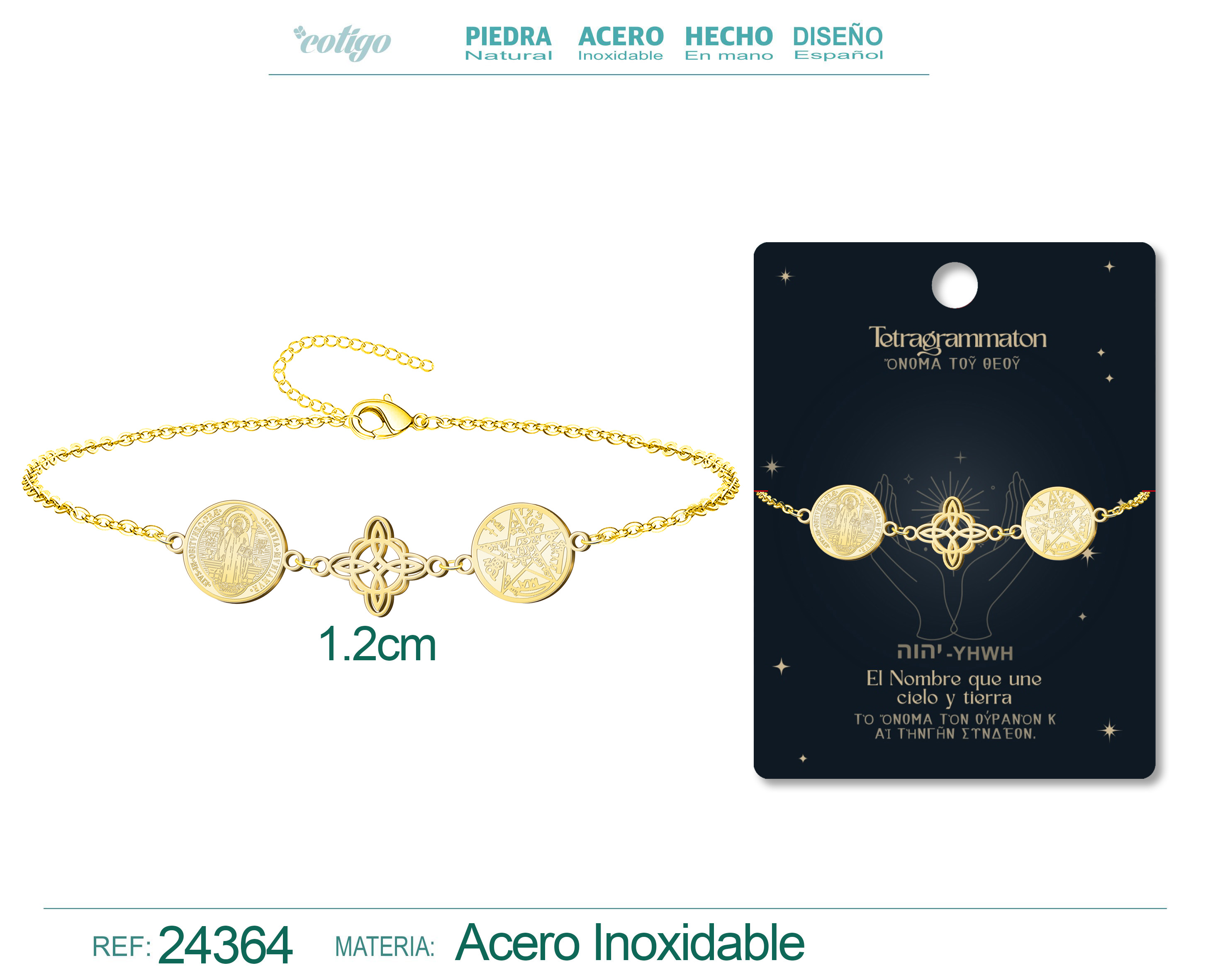Pulsera de Tetragramaton + Nudo de Bruja + San Benito Acero Dorado