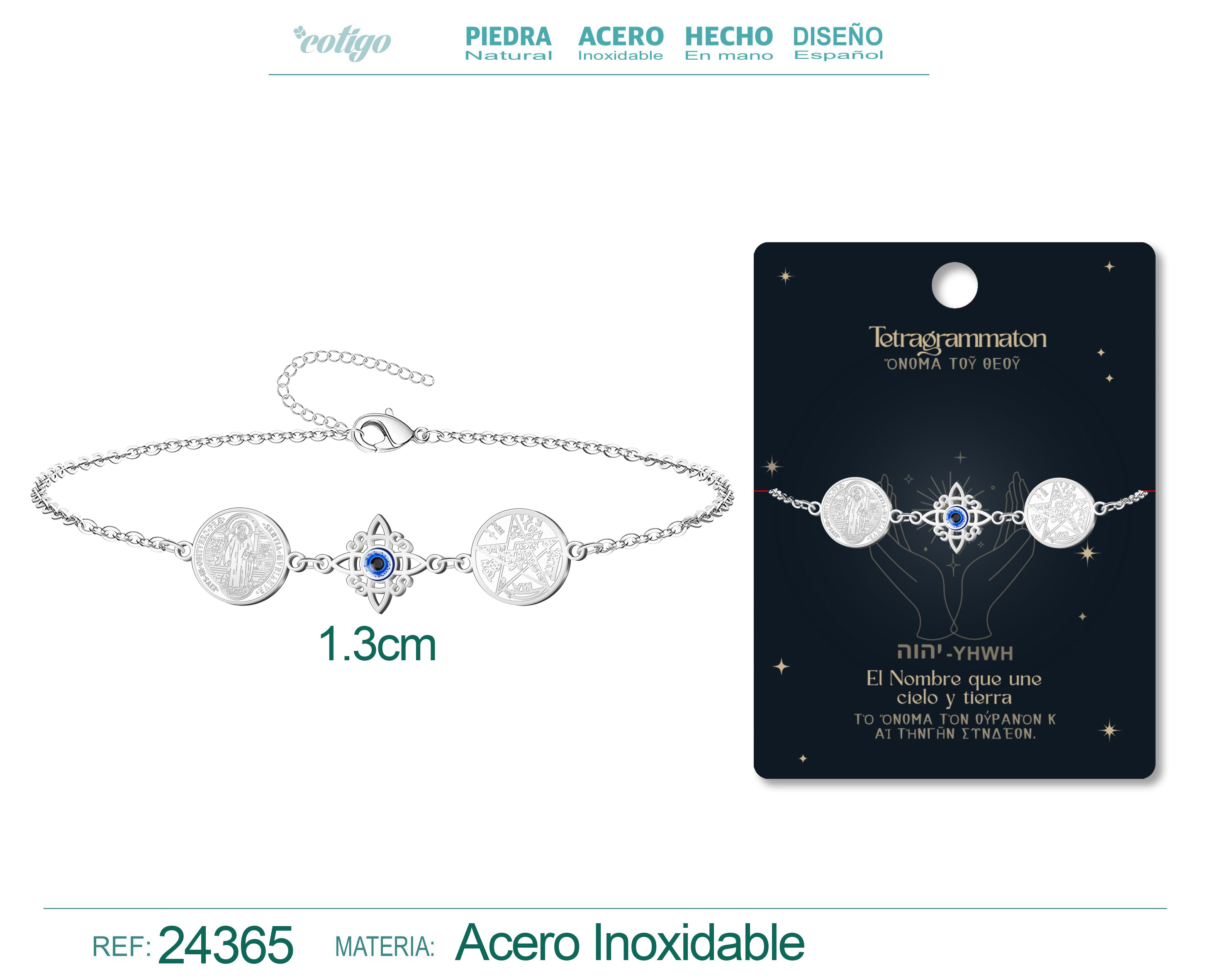 Pulsera de Tetragramaton + Nudo de Bruja con Ojo turco + San Benito Acero Plateado