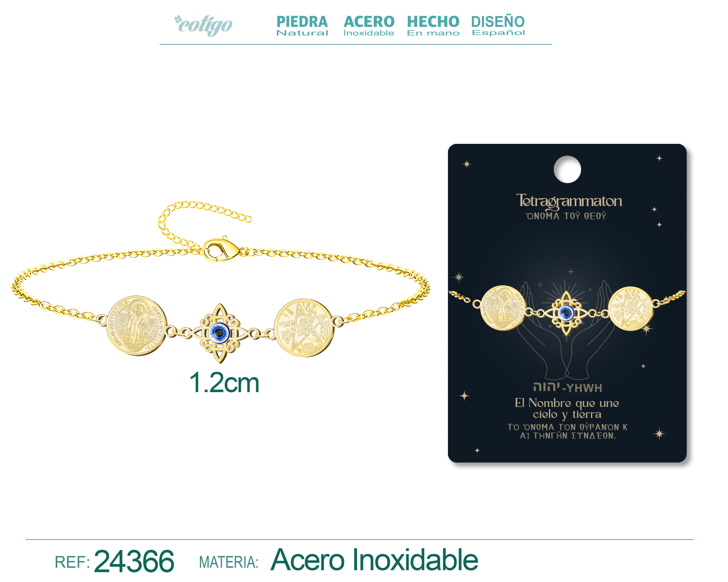 Pulsera de Tetragramaton + Nudo de Bruja con Ojo turco + San Benito Acero Dorado